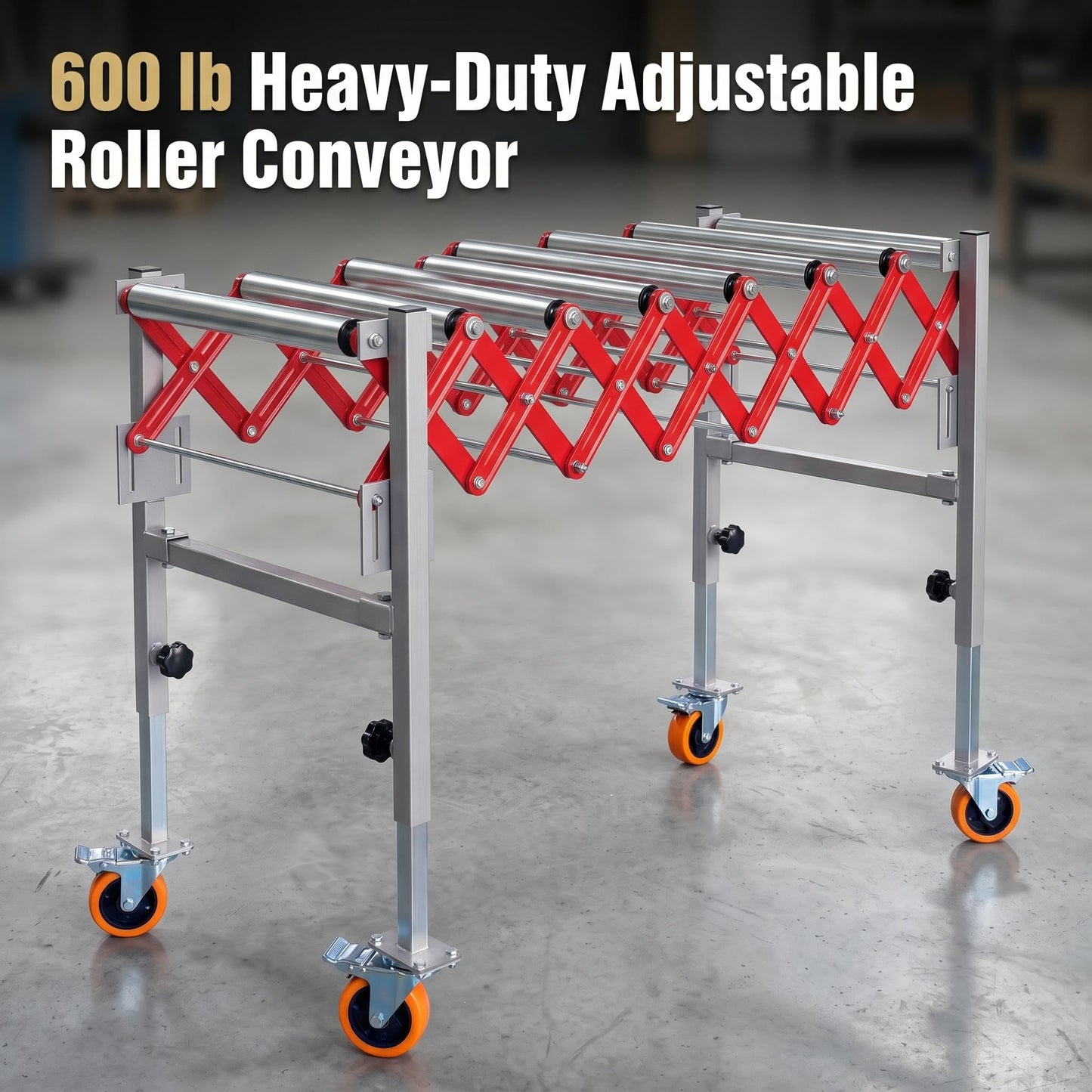 600LBS Adjustable Roller Conveyor Table, 16 Inch Wide Expandable Conveyor System, Height Adjustable 27.5"-43", Mobile Support for Warehouse Operations