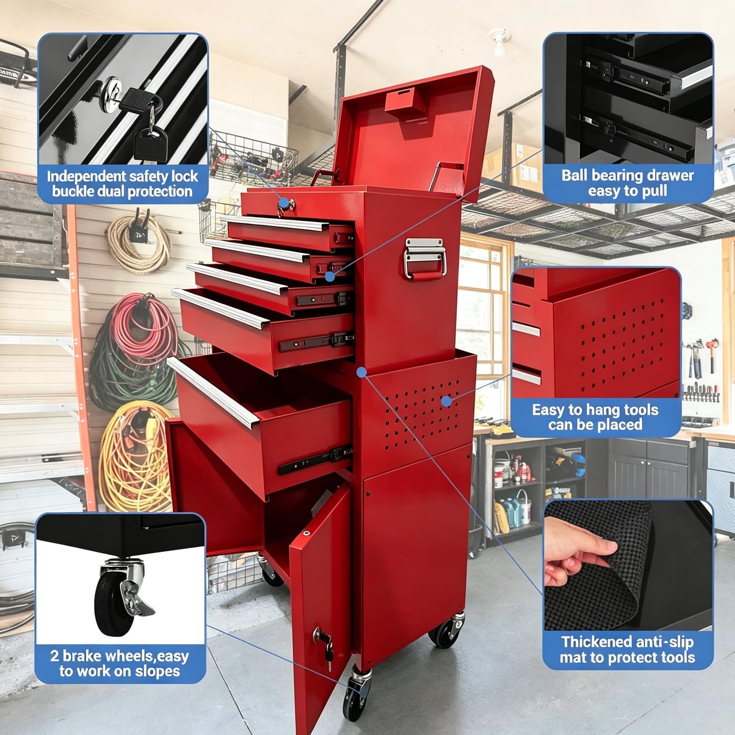 SierraSquad Heavy Duty 8-Drawer Rolling Tool Chest, 2-in-1 Detachable Top Tool Box, Locking Steel Storage Cabinet Cart on Wheels, Red