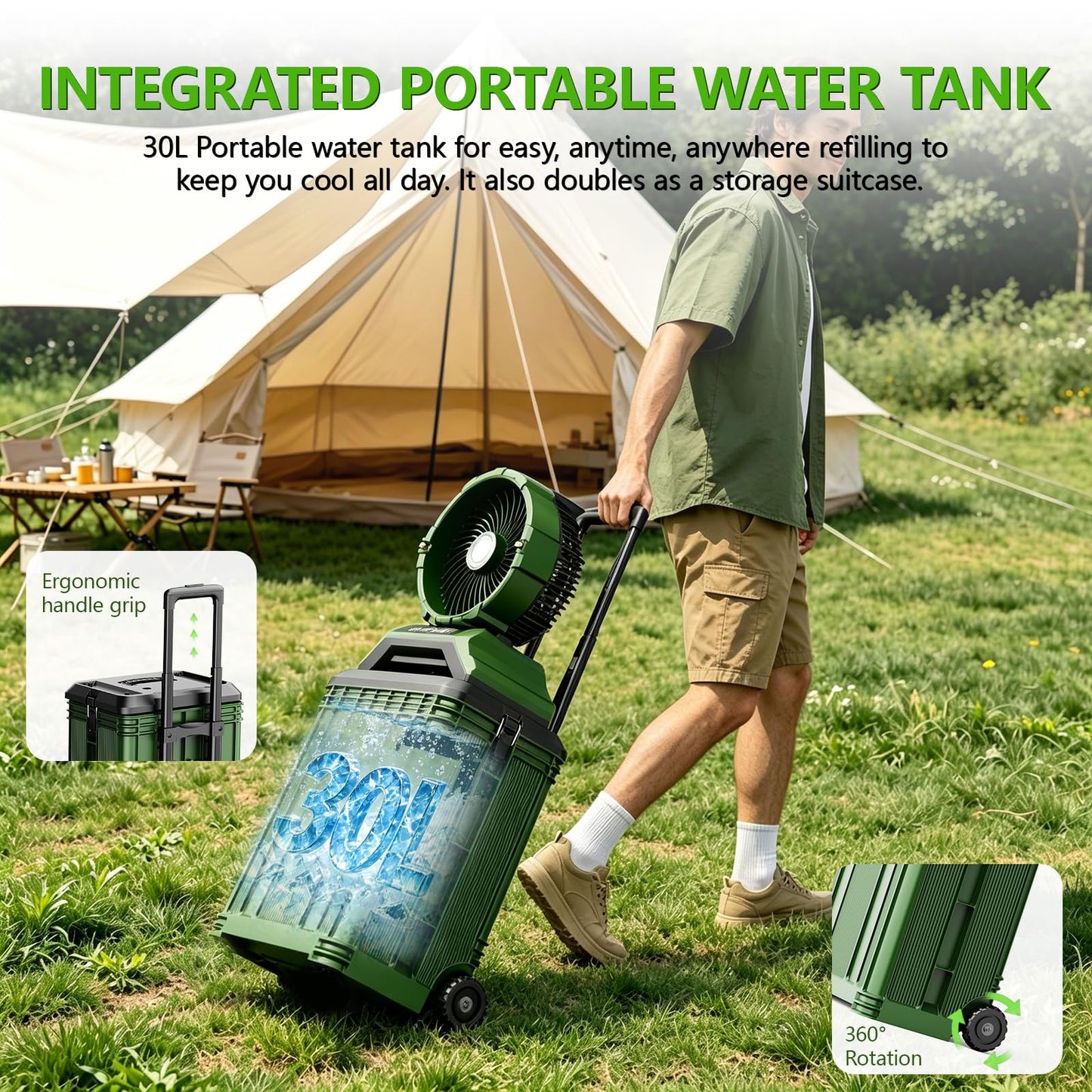 Veubew Portable Misting Fan with 30L Bucket, 30000mAh Rechargeable Battery Powered, 12Hrs Mist Rechargeable Fans, 4 Strong Winds, 4 Spray Mister, 3 Lighting Settings for Outdoor, Camping, Patios