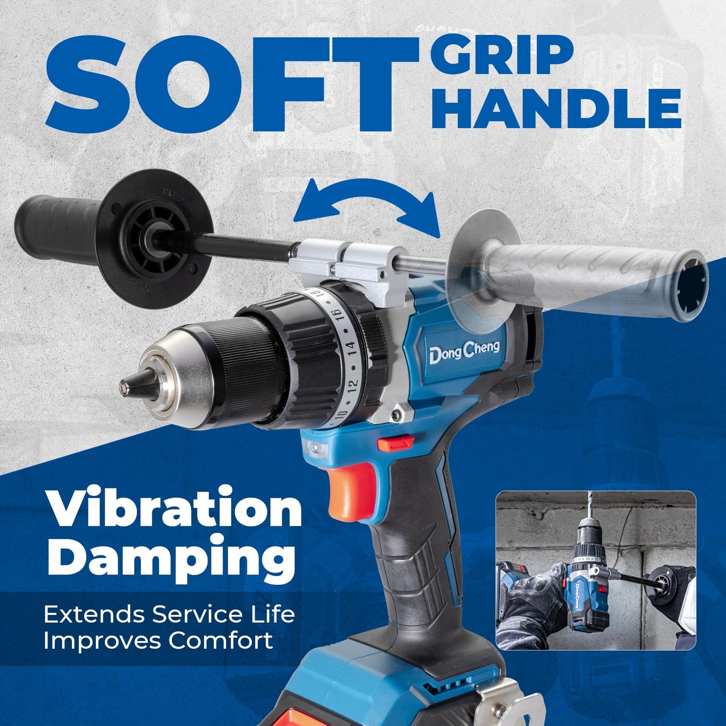Dong Cheng 20V Brushless Hammer Drill, 1062 in-lbs, 1/2" Keyless Metal Chuck, 24+1+1 Clutch, Cordless Hammer Drill with 4.0Ah Battery Kit for Drilling Brick Wall, Metal, Wood