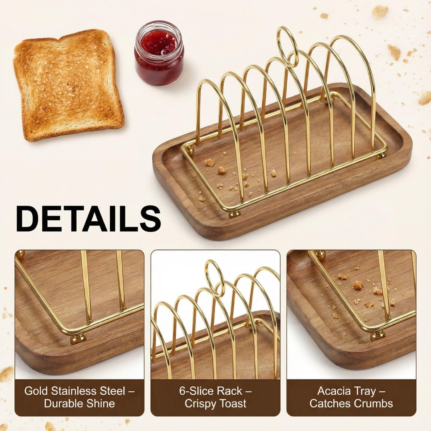 GOVNPJ Toast Rack, Set of 2 Gold 6-Slice Bread Holders, Victorian Style Stainless Steel Toast Stand with 2 Acacia Wood Trays, for Breakfast, Buffet and English Afternoon Tea