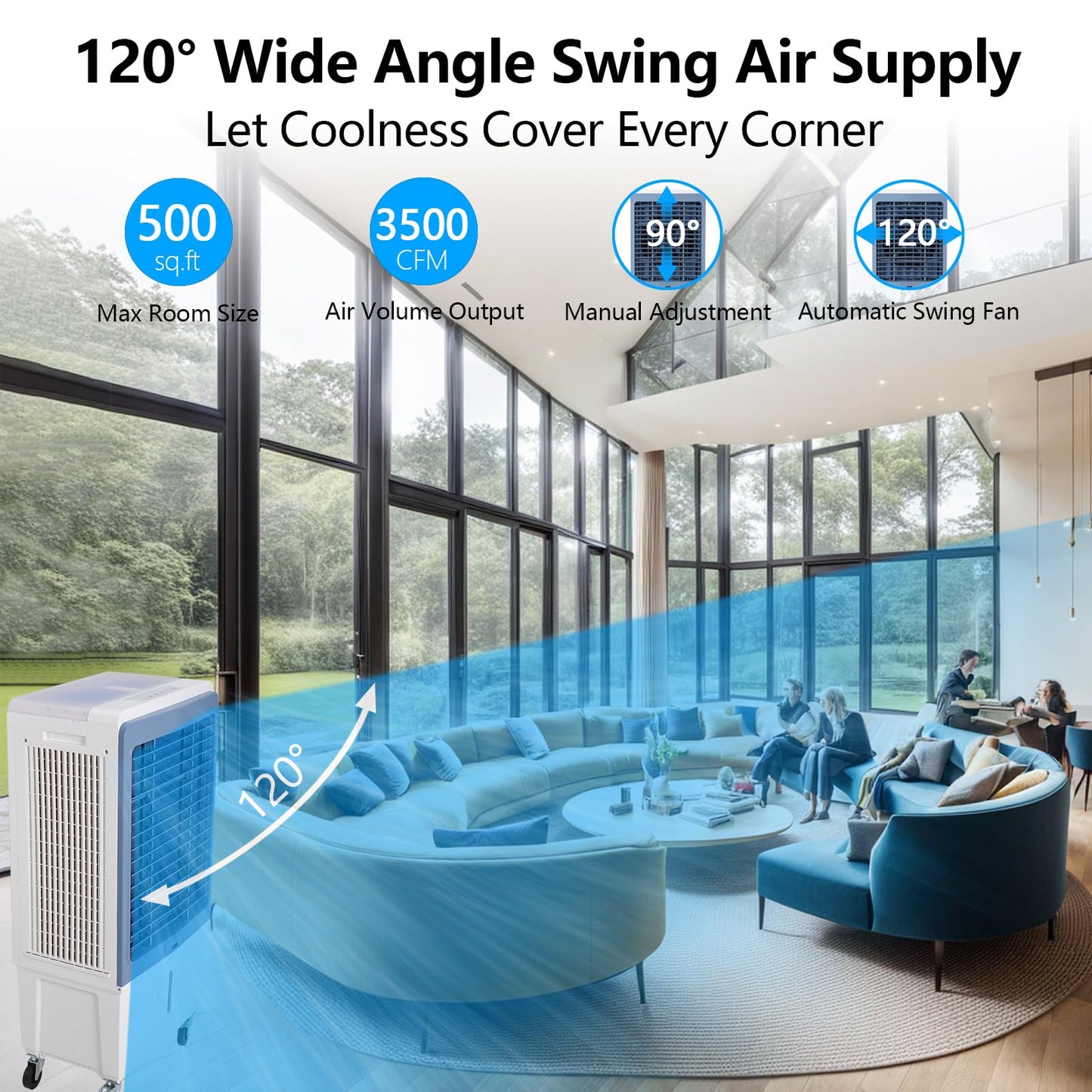 TAKYWEP Swamp Cooler, 3500CFM Evaporative Air Cooler with 13.2 Gallon Water Tank and 4 Ice Packs, 12H Timer, 3 Modes & Wind Speeds for Outdoor Indoor Use