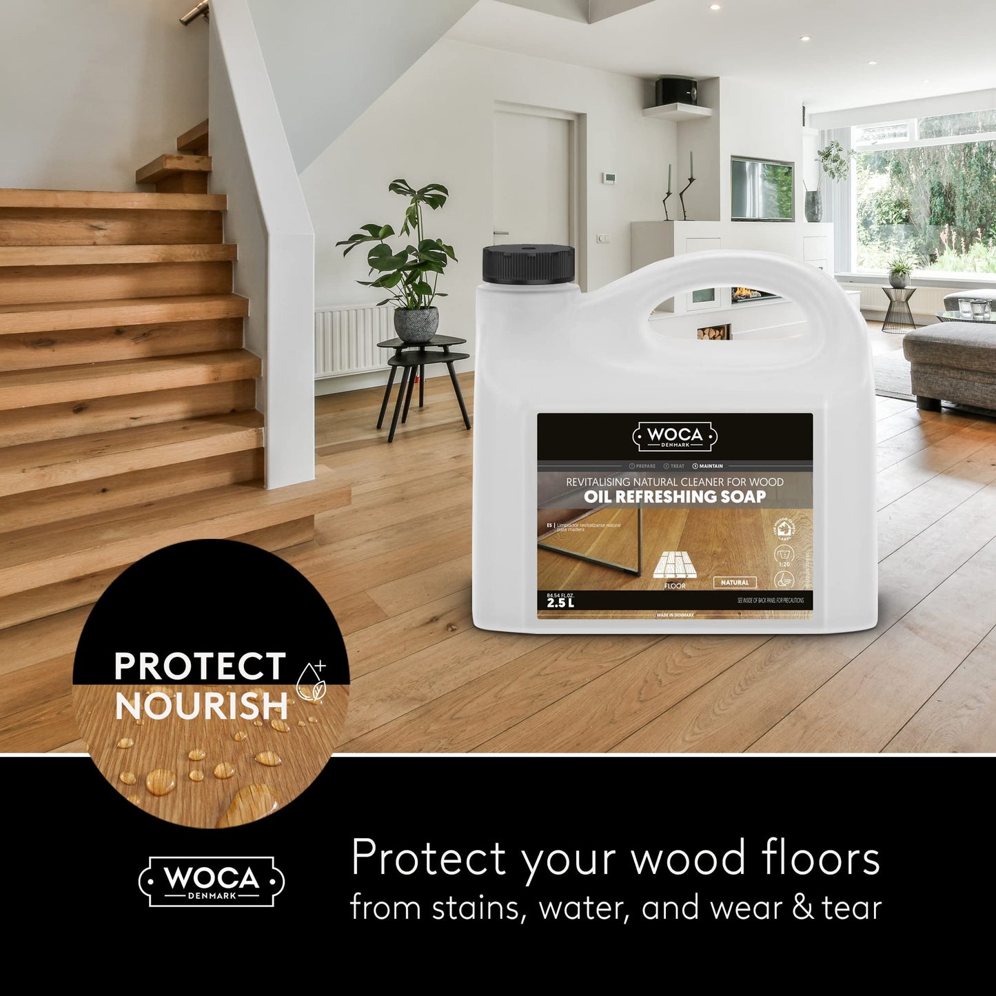 WOCA Denmark Oil Refreshing Soap Natural 1L – Oiled Wood Floor Cleaner & Rejuvenator, Plant-Based, Low VOC, Maintains Matte Finish