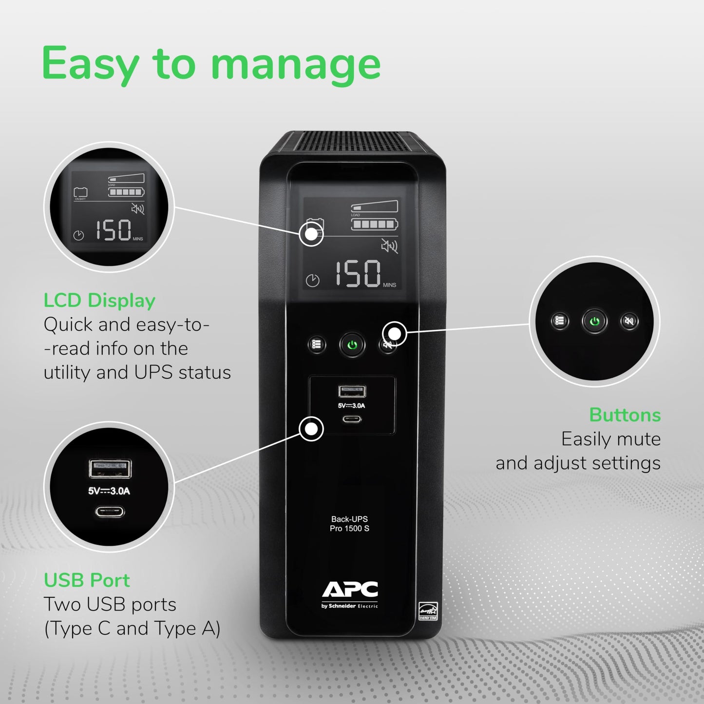 APC Back-UPS Pro Sine Wave UPS, 1500VA/900W, Active PFC Compatible, AVR, LCD, 10 Outlets, USB-C Charging Port | BR1500MS2 Uninterruptible Power Supply for Home Office, PC, Gaming Computers