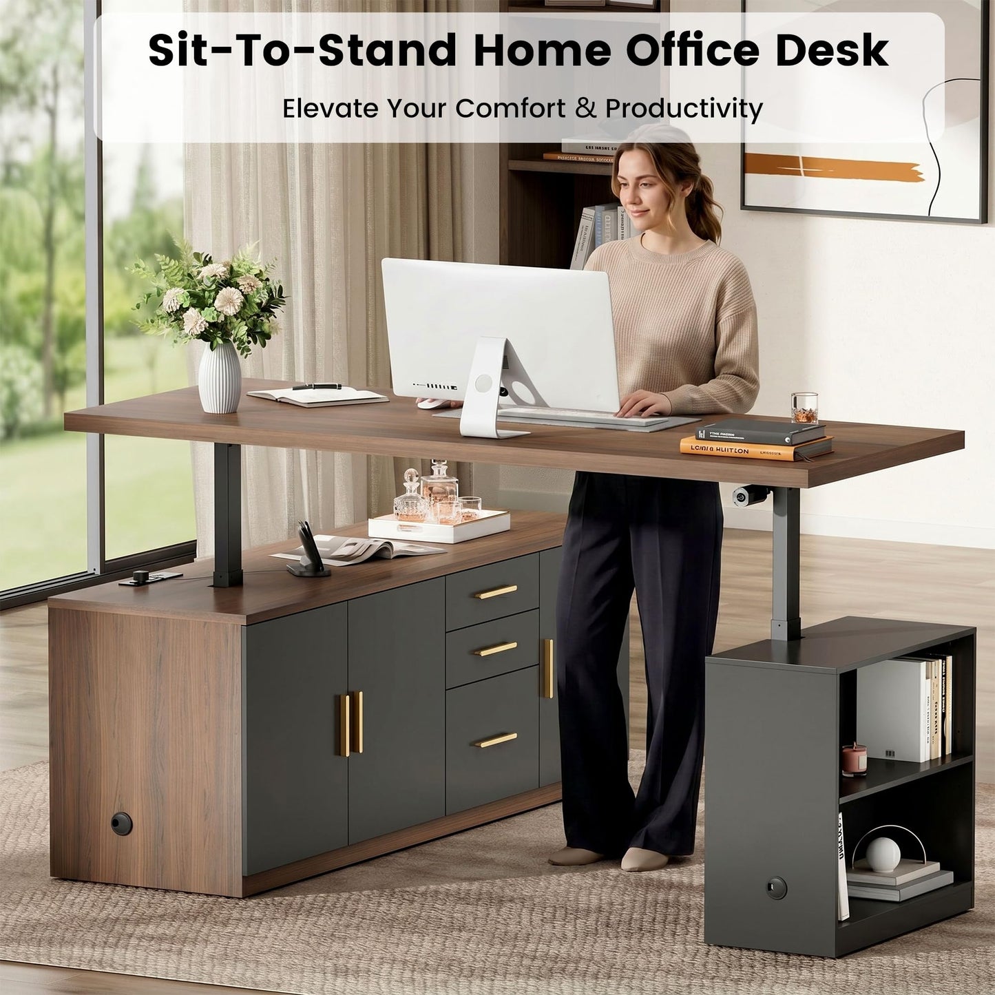ModernMate L Shaped Electric Standing Desk with Drawers & File Cabinet, 67x60 Corner Executive Workstation, 59" One-Piece Desktop, Height Adjustable with Charging Station for Home Office, Black Walnut