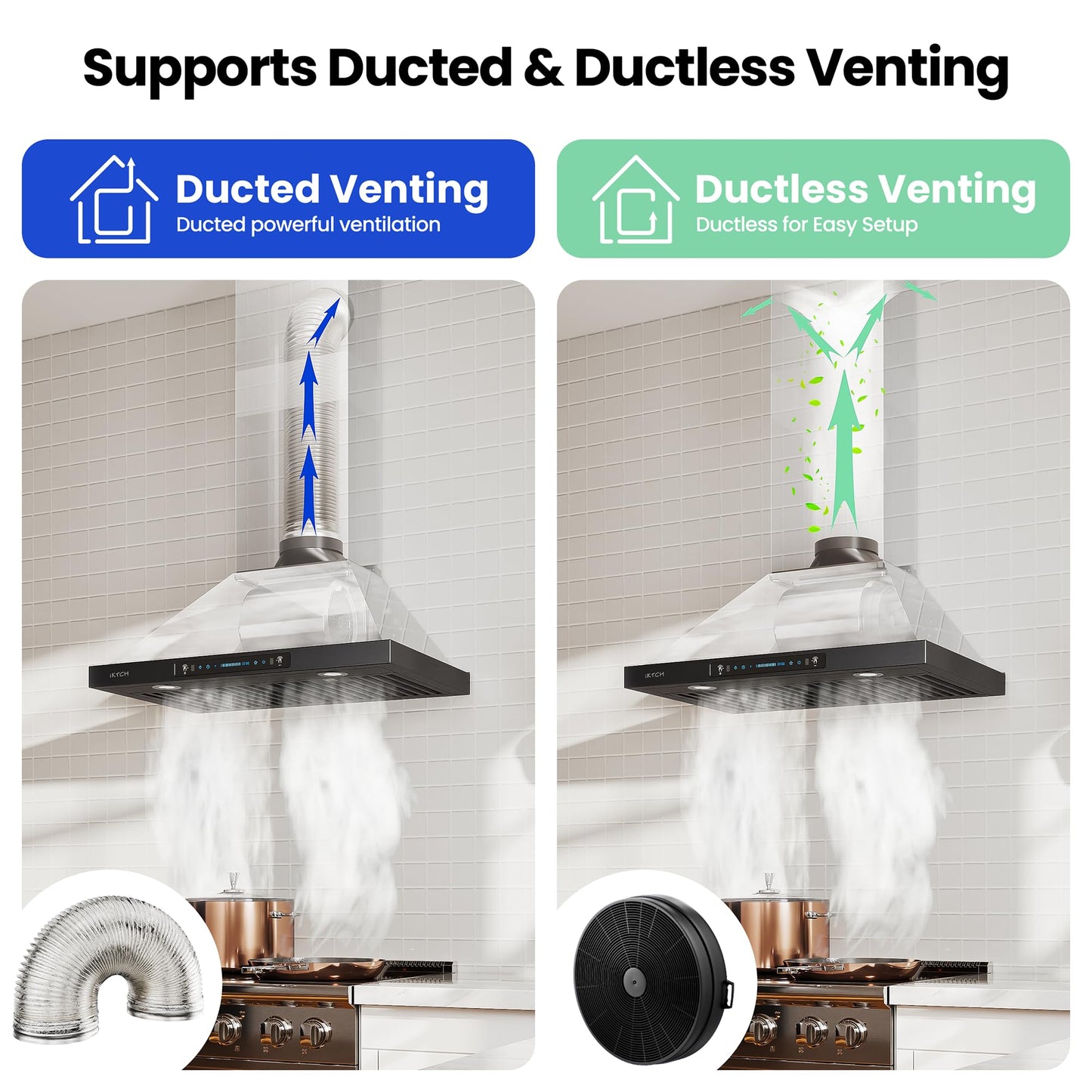 IKTCH 30 inch Black Wall Mount Range Hood, 900 CFM Ducted/Ductless Stainless Steel Vent Hood with Gesture Sensing & Touch Control Switch Panel, 2 Pcs Adjustable Lights