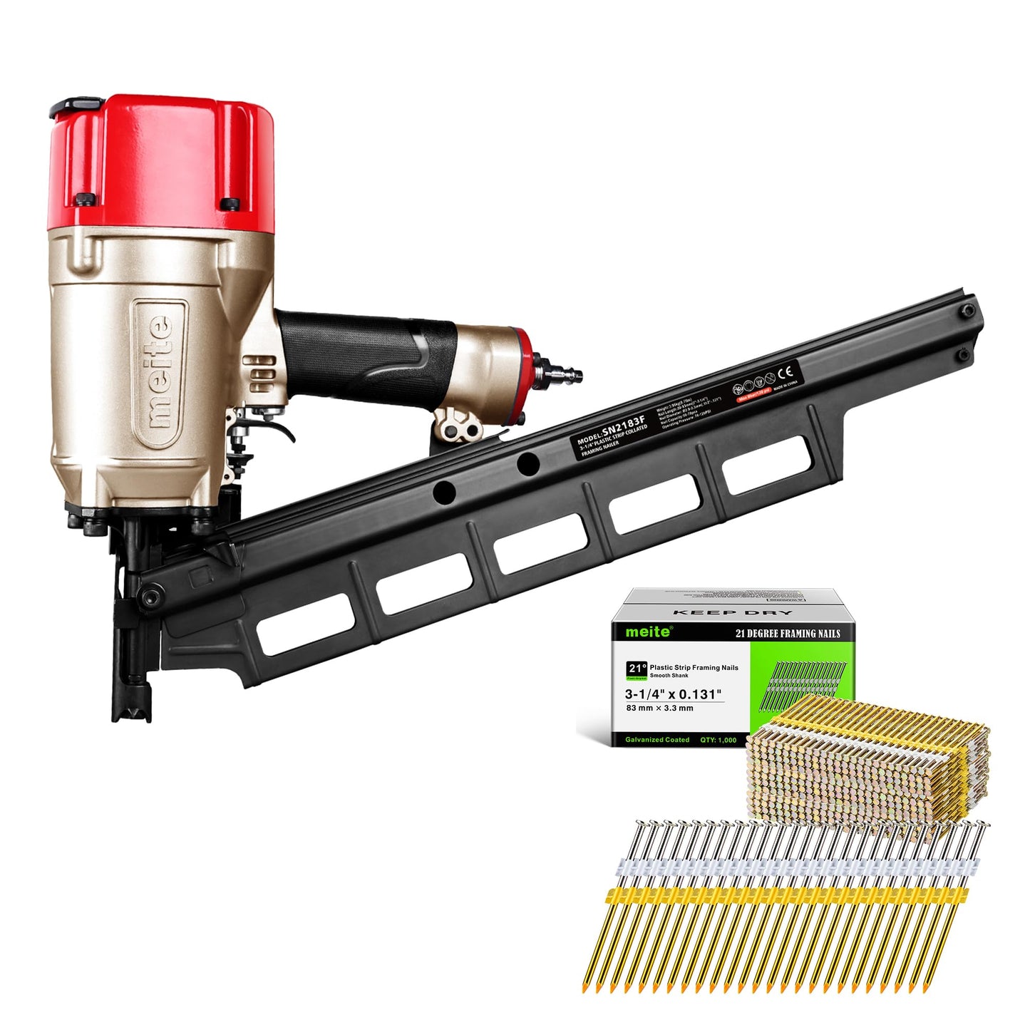 meite SN2183F 21 Degree Framing Nailer with 3-1/4 Inch Smooth Shank Galvanized Framing Nails 1,000PCS, Pneumatic Nail Gun for Roof Decking Sheathing Wall Studs