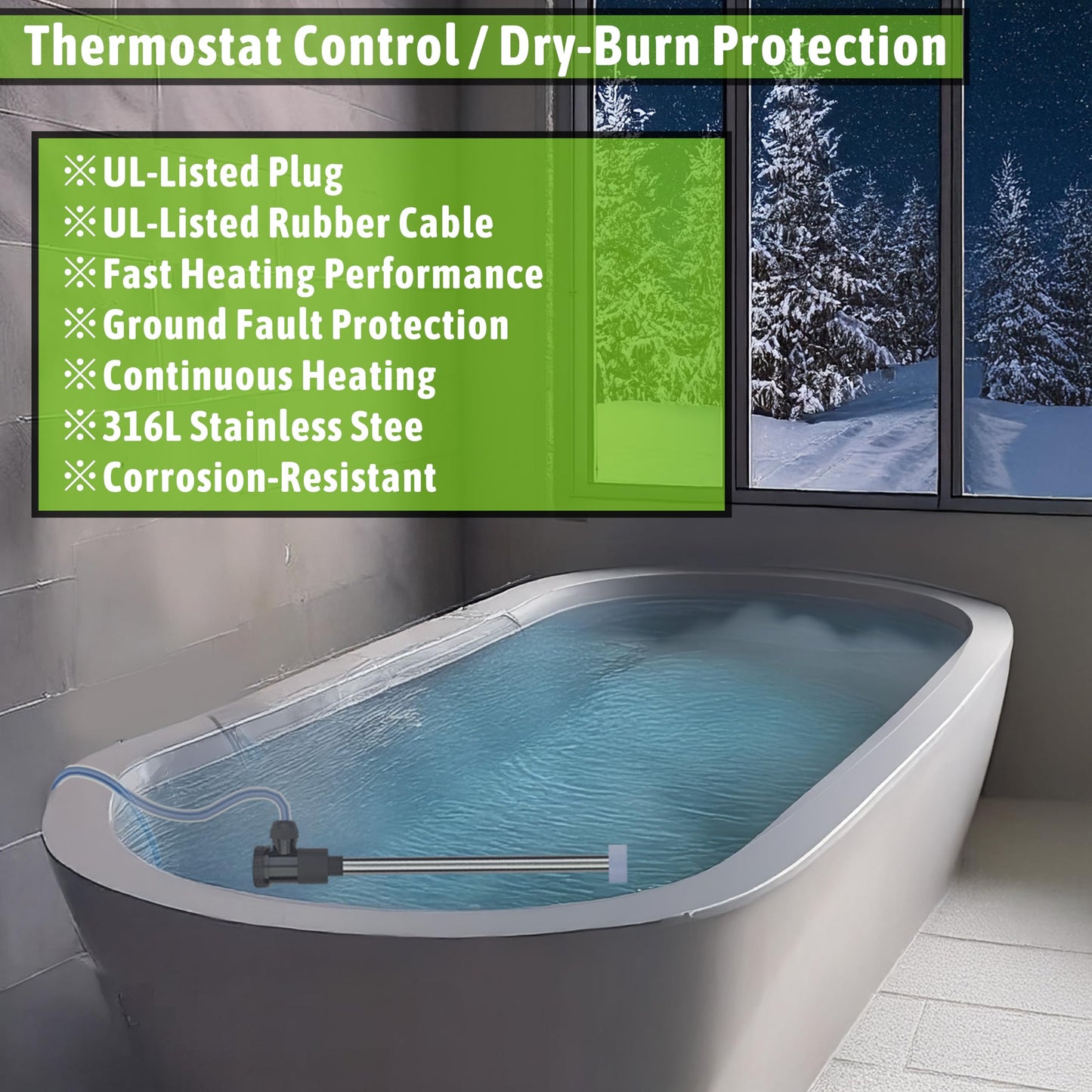 LINGLONGTEMP 2000W Submersible Pool & Hot Tub Portable Electric Immersion Water Heater with Temp Control for Bathtub, Pond, Inground Pool, Inflatable Pool, Baptism, Sap, Baptismal & Above Ground Pool