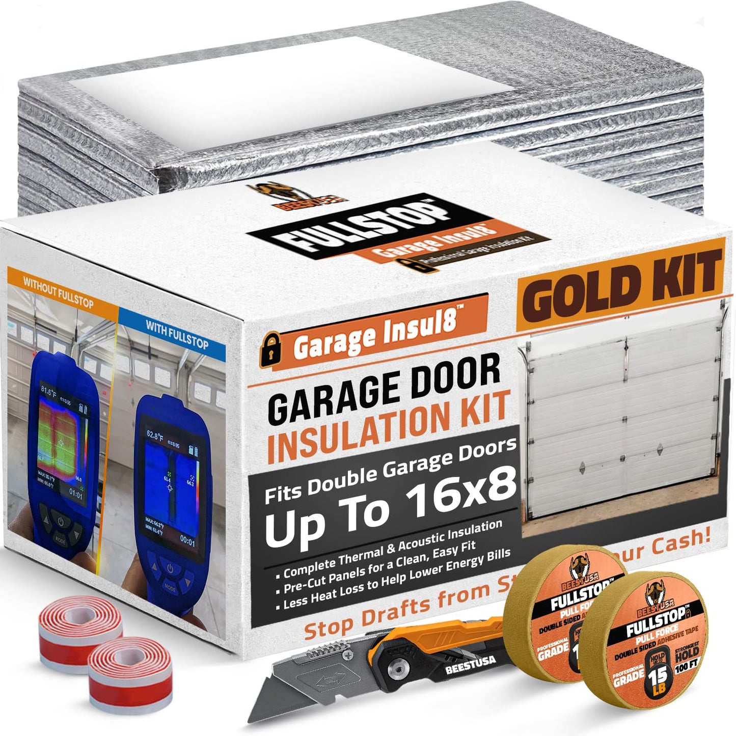 BEEST FULLSTOP Garage Door Insulation Kit w/ Seals & Window Films - 16x7 & 16x8 ft Double Garage Door Insulation Panels - Easy-to-Install 16 Pre-Cut 24x48 Foam-Core Panels w/ Tape, Cutter & Squeegee