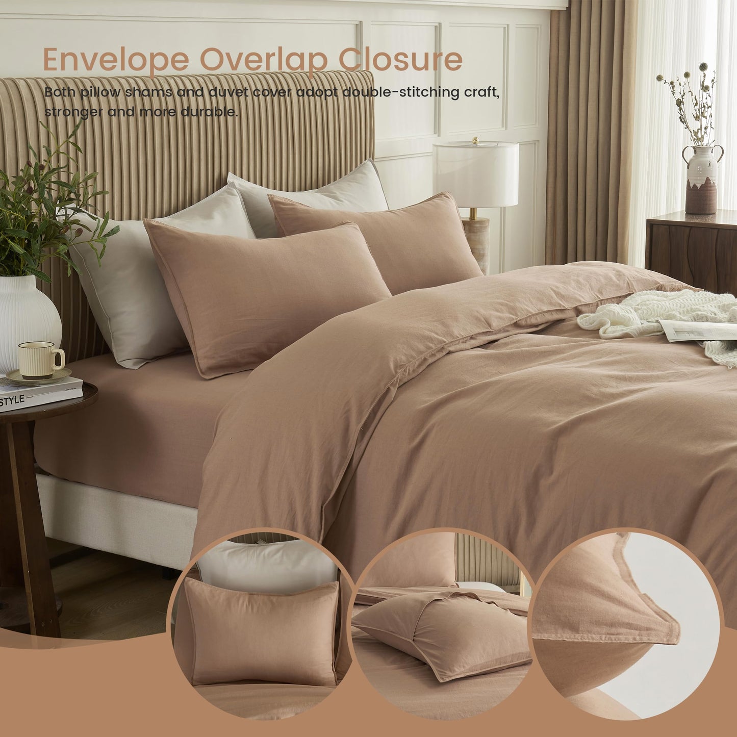 BISELINA French Linen Duvet Cover Set 3pcs Embroidered Willow Leaf 55% Flax 45% Cotton Blend Soft Breathable Luxury Bedding (Queen, Embroidery Navy Blue)