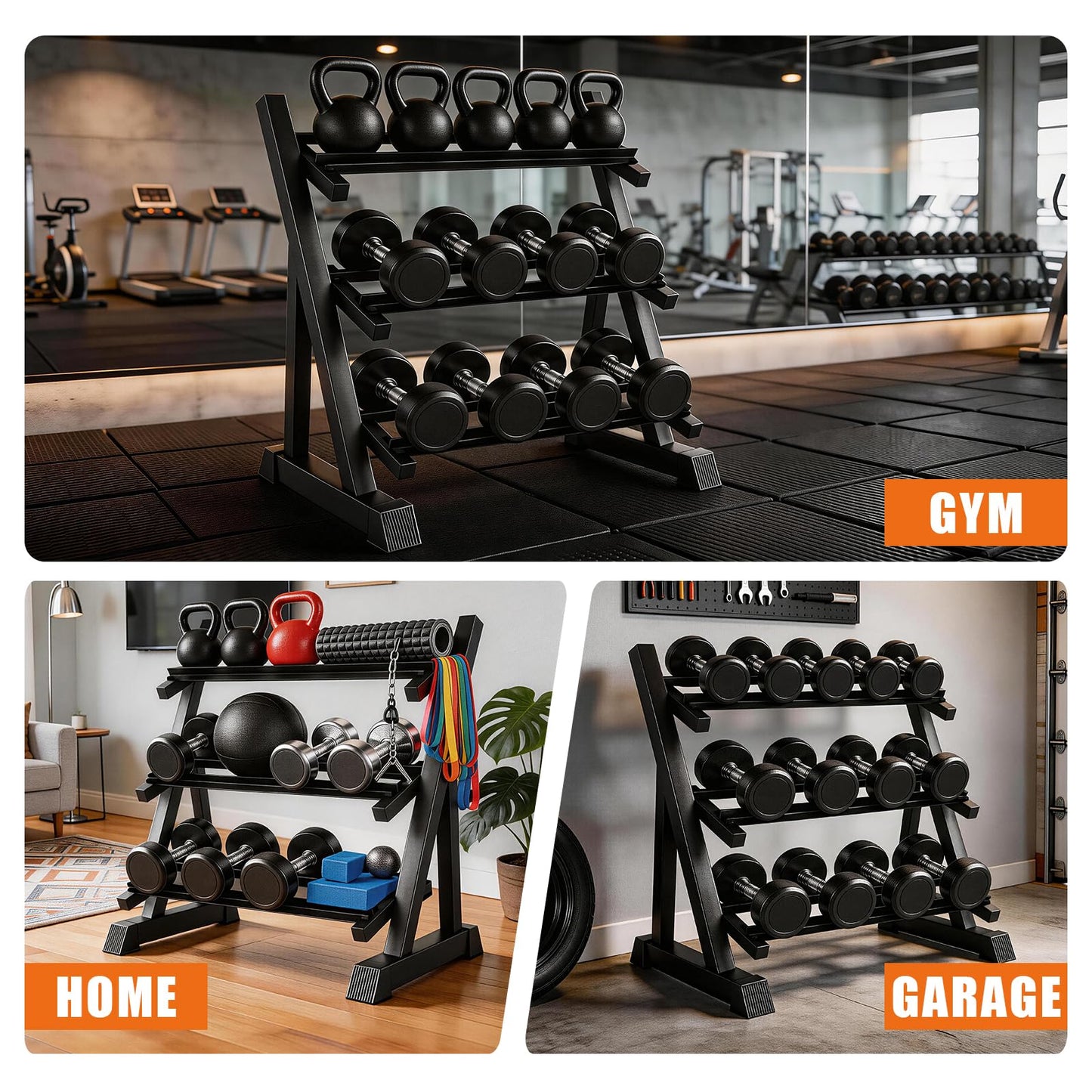 Dumbbell Rack 3-Tier Adjustable Dumbbell Rack Suitable for Dumbbells, Kettlebells, and Other Compact Weights Space-Saving Dumbbell Storage Rack - 1000LBS Capacity