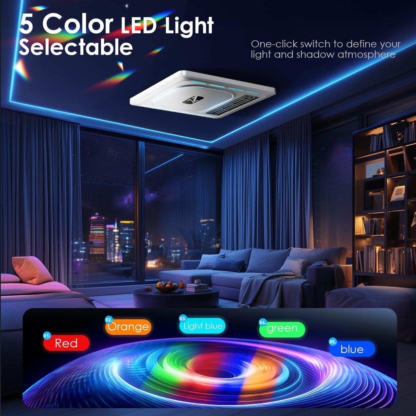 BSEED Bathroom Exhaust Fan with Bluetooth Speaker & Heater, 1800W Dual-Heat, 230 CFM, 3CCT+5-Color RGB Light, Negative Ion, Wall Control