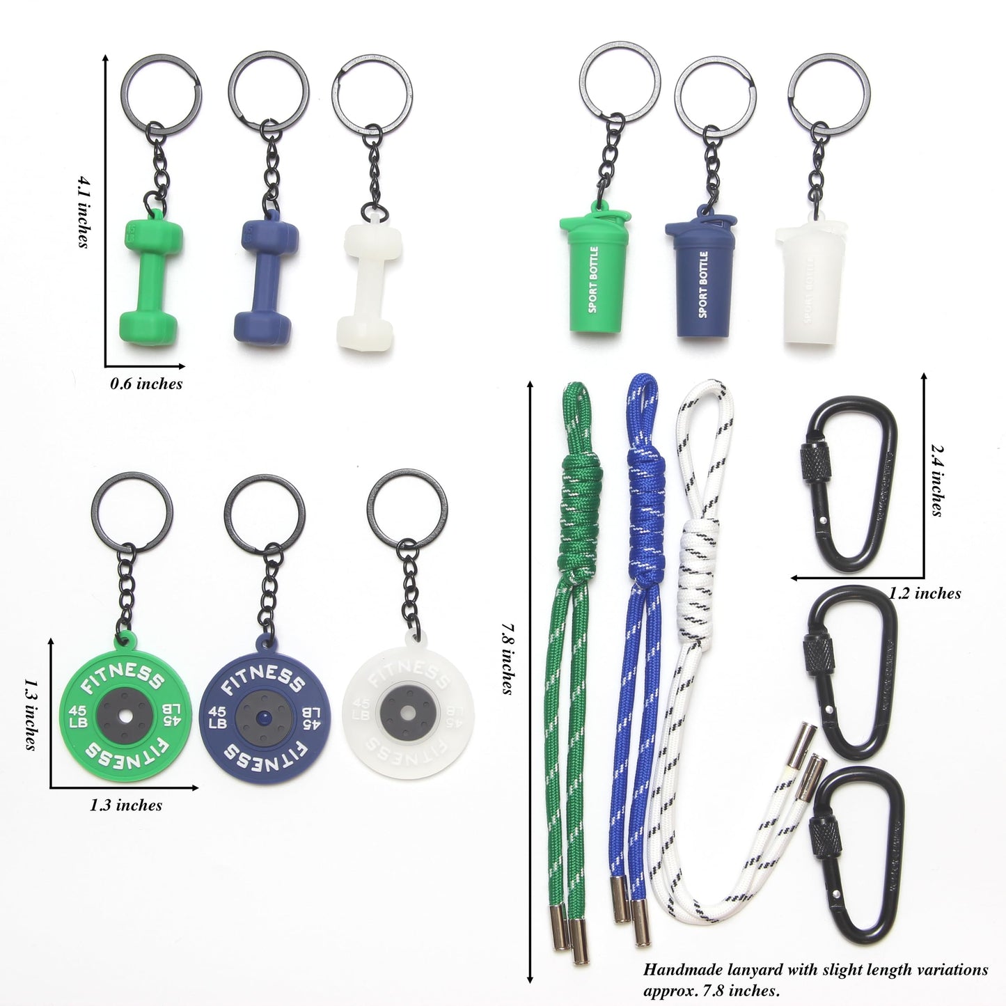 HEYTRCO 15PCS Fitness Rings Keychain Set, Dumbbell Kettlebell Water Bottle Charms with D-Shaped Clips, Gym Key Chains Accessories for Bags & Keys (Blue Green Translucent)