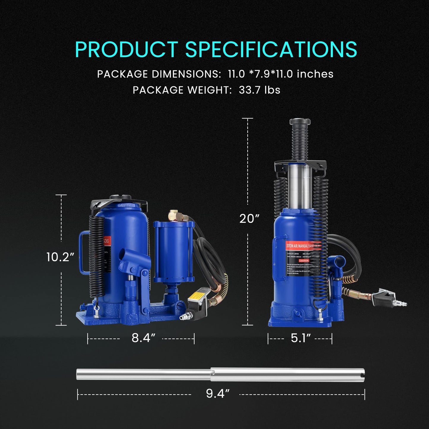 SPECSTAR Pneumatic Air Hydraulic Bottle Jack with Manual Hand Pump 20 Ton Heavy Duty Auto Truck Travel Trailer Repair Lift Blue