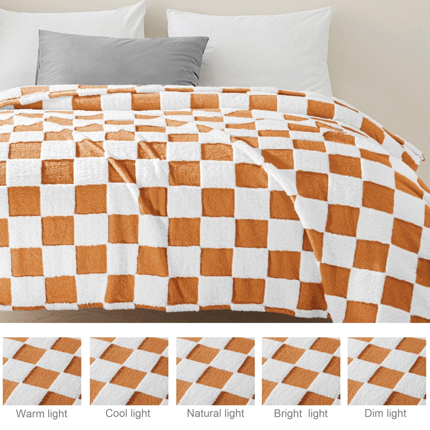 Exclusivo Mezcla Fleece Blanket Queen, Cozy Lightweight Fuzzy Checkered Blanket for Bed, Suitable for All Seasons, Coral Orange, 90" x 90"
