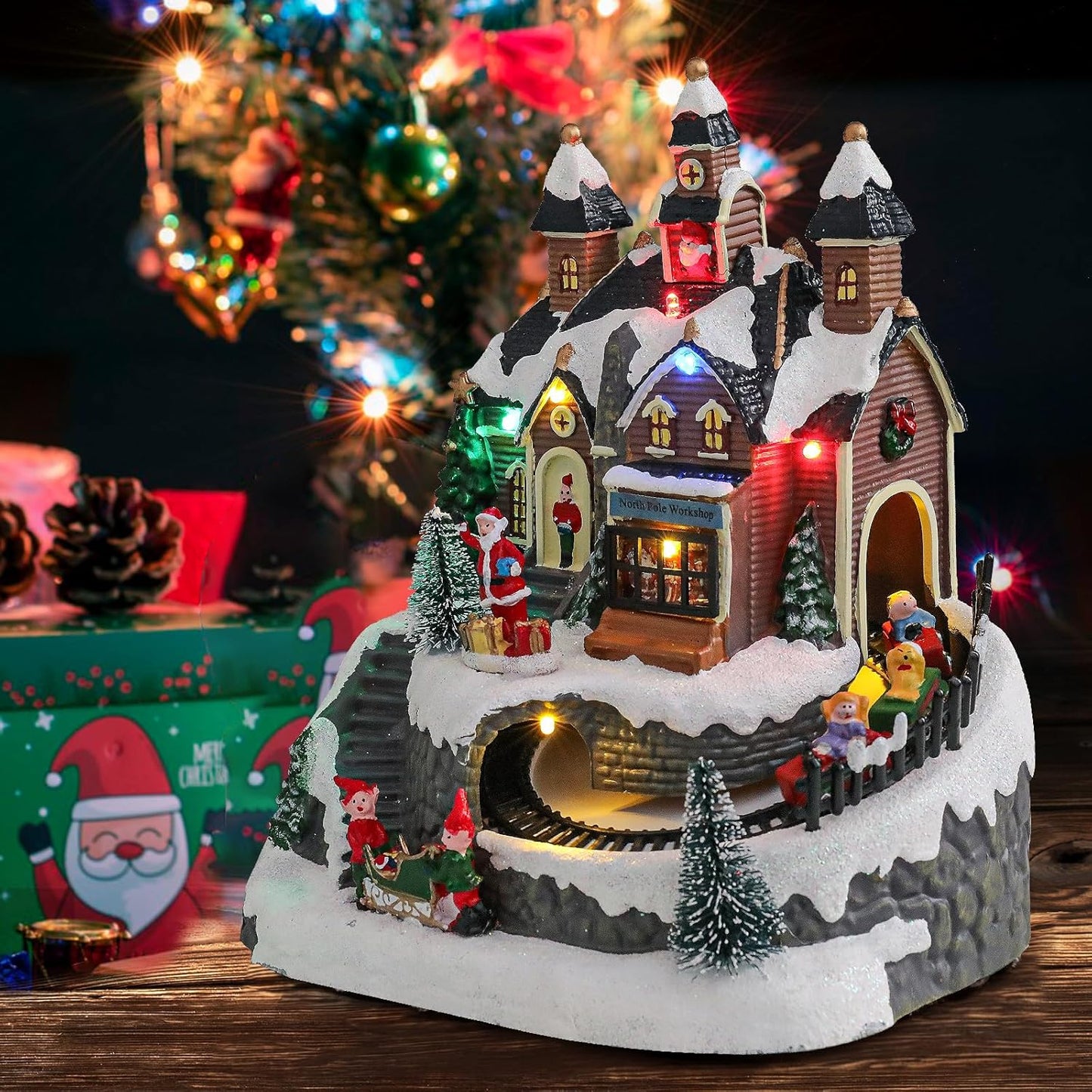 Wonder Garden Christmas Village Houses - Colorful Musical Snow Village Figurine with LED Lights & Train