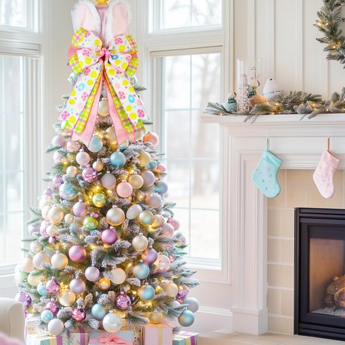 Easter Tree Topper Hat with Bunny Ears, Pink Velvet Top Hat Tree Topper with Bow, Egg Ribbon Spring Tree Decorations Ornament for Easter Christmas Tree Indoor Outdoor