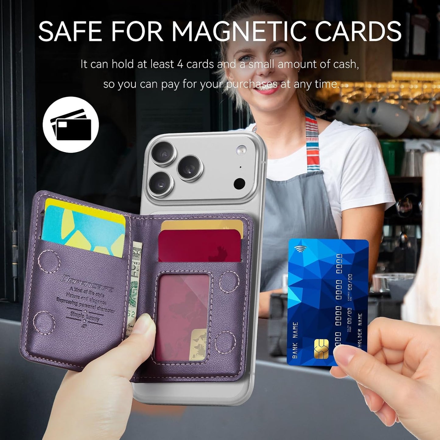 17/16/ 15/14/ 13/12/ Defencase for Magsafe Wallet Magnetic Card Holder RFID Blocking, PU Leather Minimalist Phone