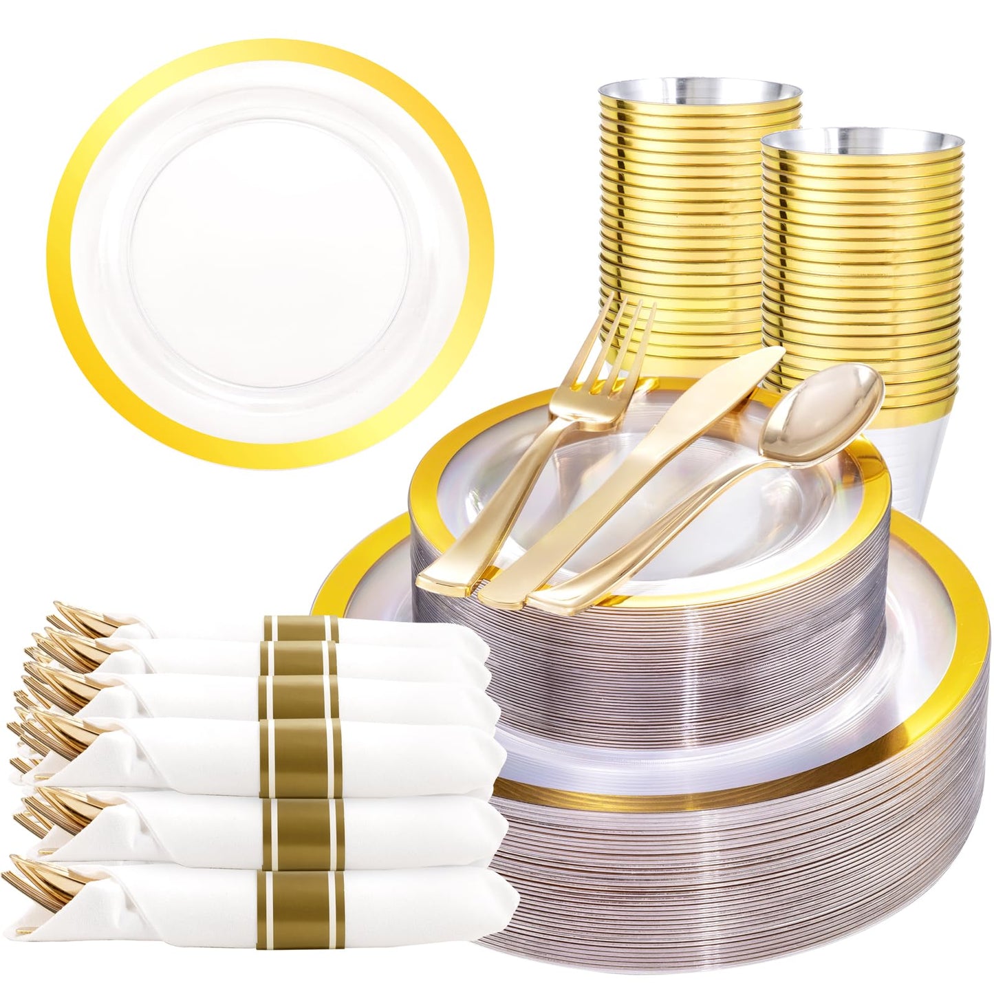 Liacere 350PCS Clear Gold Plastic Plates for 50 Guests Dinnerware Include 100 disposable Plates 150 Gold Silverware 50Napkins for Party & Wedding