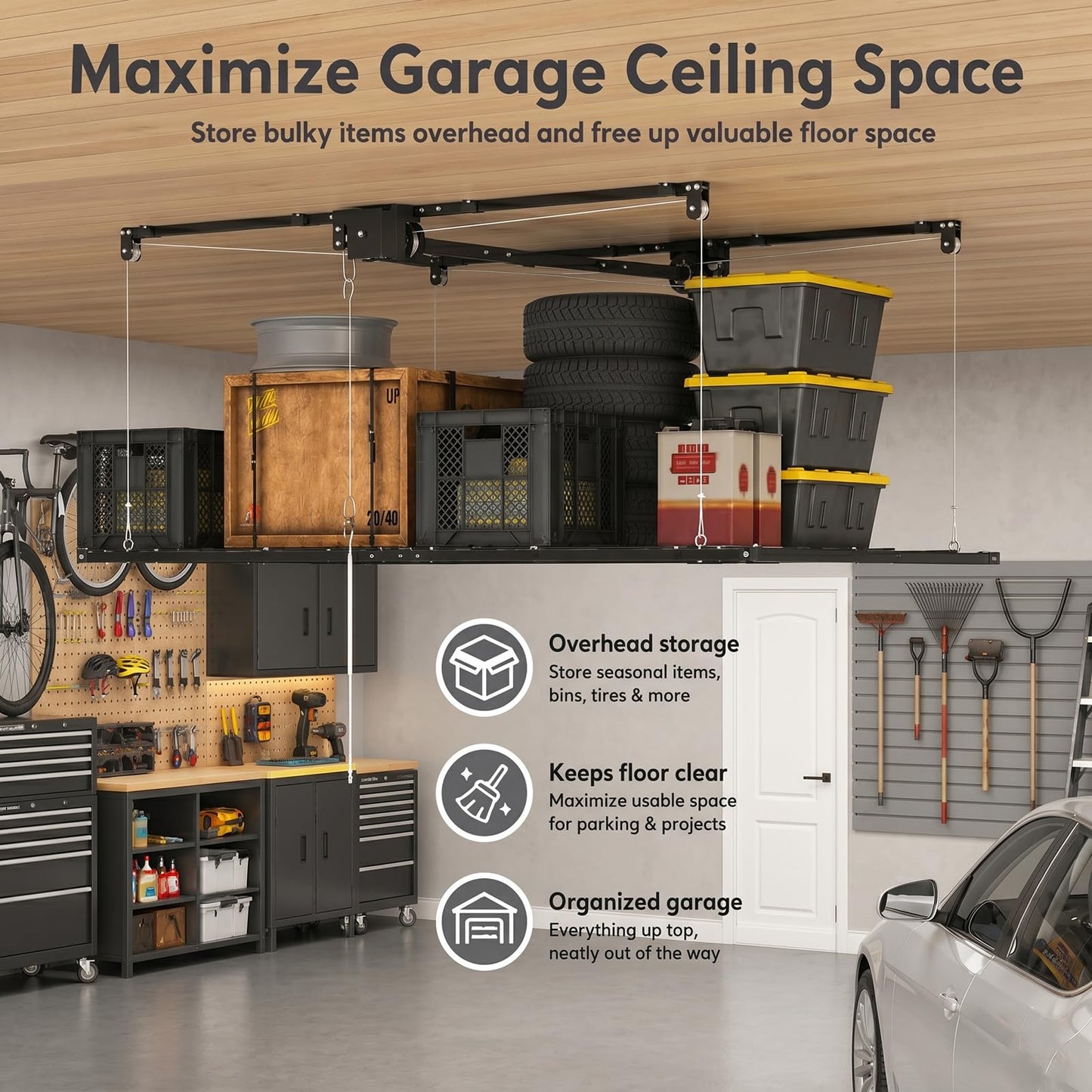 Overhead Garage Storage Rack 5x9 FT, Pull Down Garage Ceiling Storage Lift System with Drill-Operated Crank, Heavy Duty Ceiling Mounted Organizer with Safety Lock, 400 LBS Capacity
