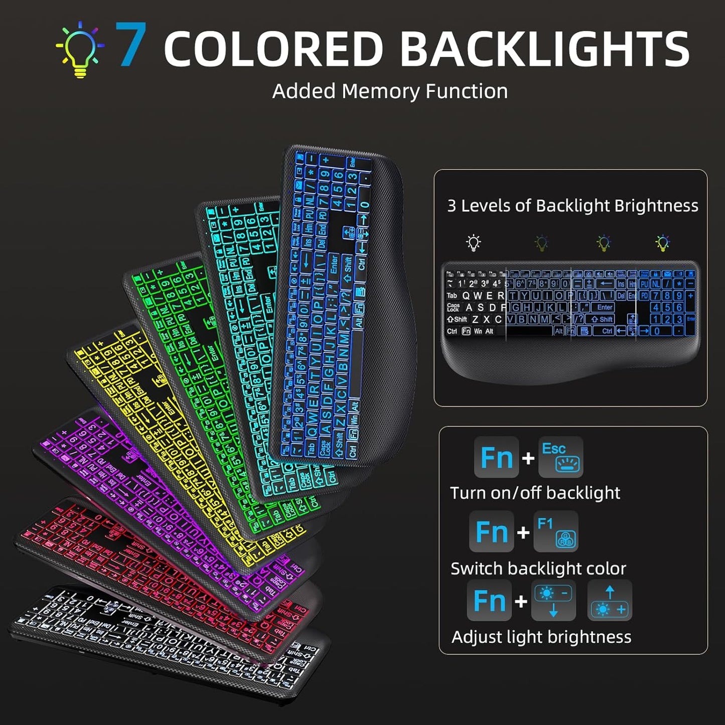 Hamile 7-Color Setting, Large Print Wireless Backlit Keyboard Rechargeable Quiet Low-Profile Keys, Light up with Memory