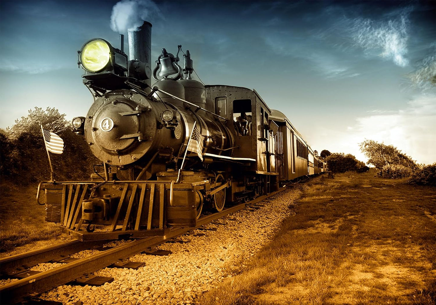 SHDASMIL 8X6ft Sunset Fabric Vintage Steam Locomotive Backdrop Train Tracks Background Western Cowboy Birthday Party