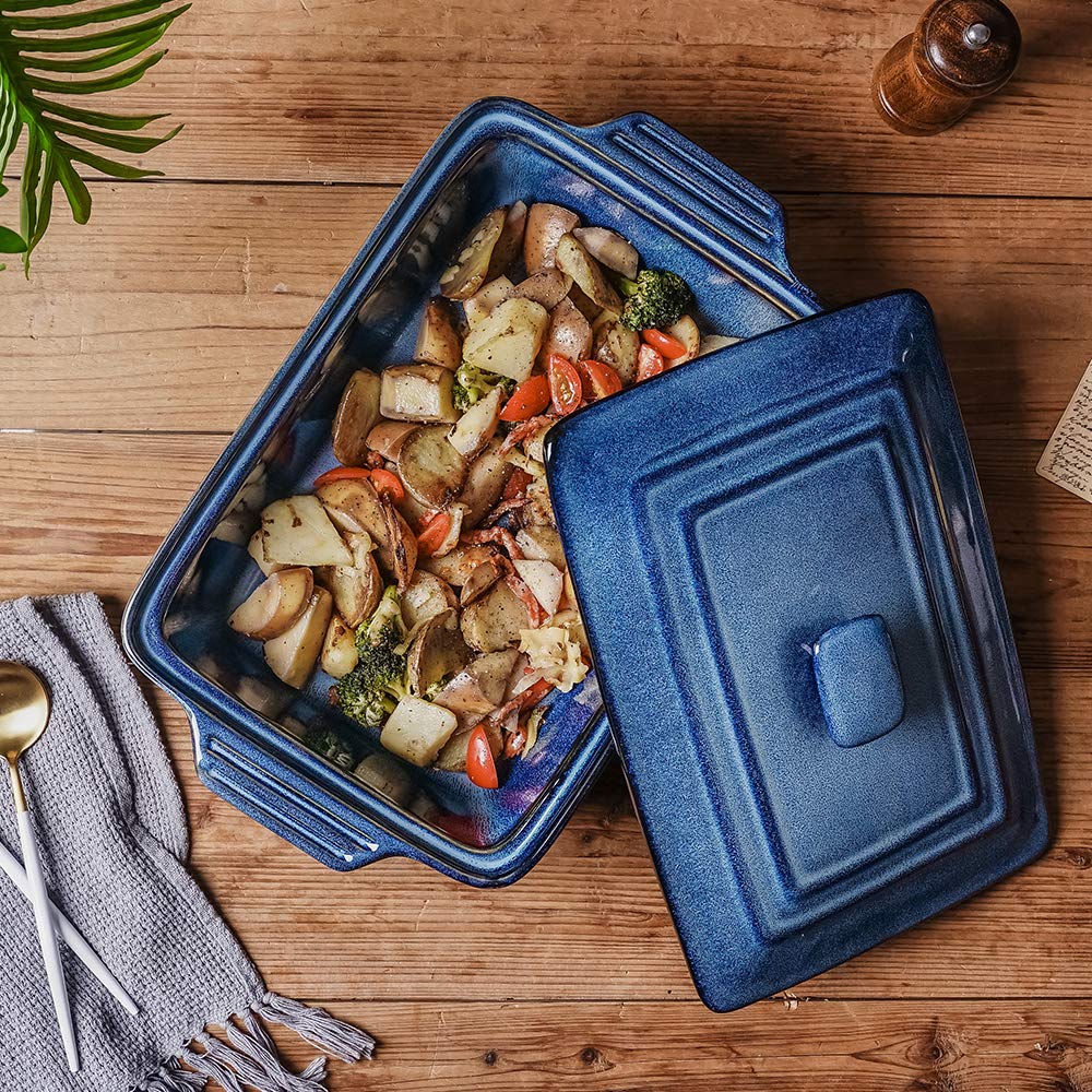 KOOV Ceramic Casserole Dish With Lid, Covered Rectangular Set, Lasagna Pan for Cooking, Baking Dish for Dinner, Kitchen, 9 x 13 Inches, Reactive Glaze (Nebula Blue)