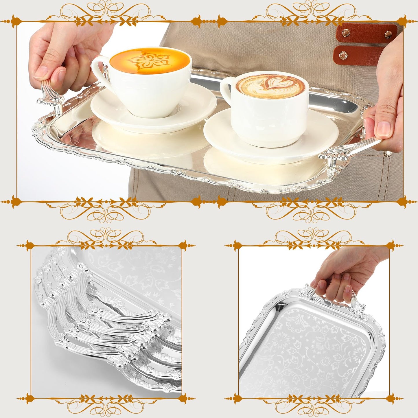 Ferrochef 4 Pcs Silver Serving Tray with Handles Elegant Victoria Floral Engraved Metal Platters Large Decorative Trays for Buffet,Wedding Party, Jewelry Display, Service(Classic,Sliver)