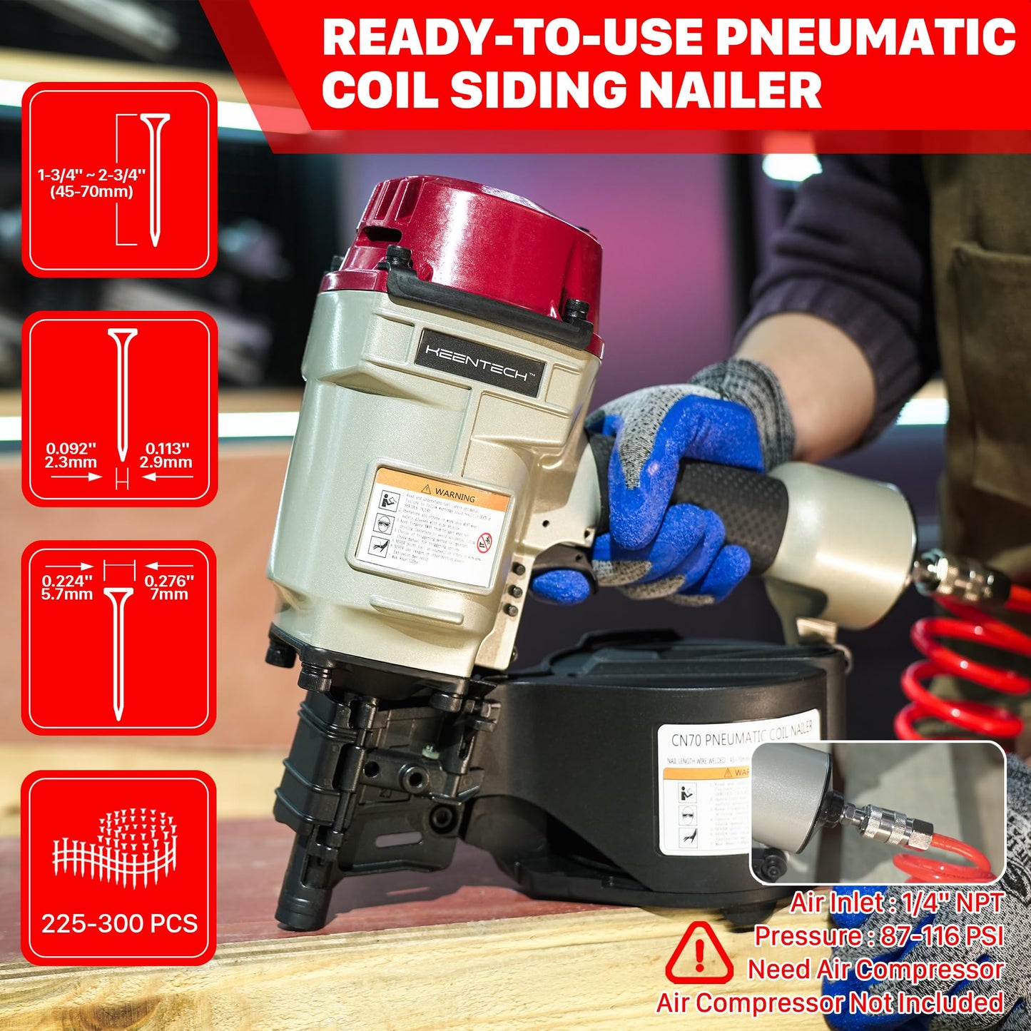 KEENTECH Pneumatic Siding Nail Gun for 1-3/4" to 2-3/4" 15-Degree Nails, Coil Siding Nailer with Bump Firing for Fast Nailing Speed, Coil Nail Gun for Pallet, Siding, Crating, Decking, Framing, CN70
