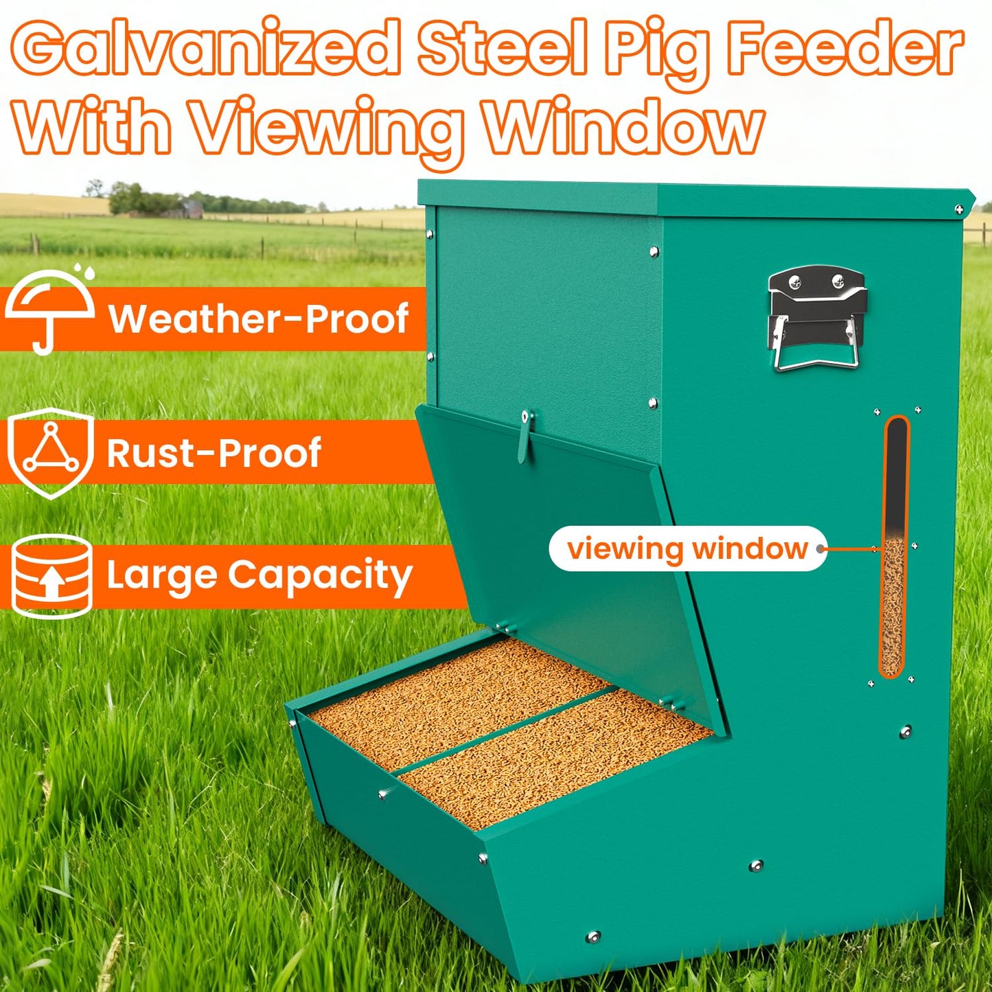 PURRPAXZ Pig Feeder, 2-Door Heavy Duty Galvanized Steel Hog Feeder,3.7 Bushels Capacity,Outdoor Pig Feeders with Visable Feed Design, Livestock Feeder for Barn, Farm, Feeding up to 5 Small Hogs, Green