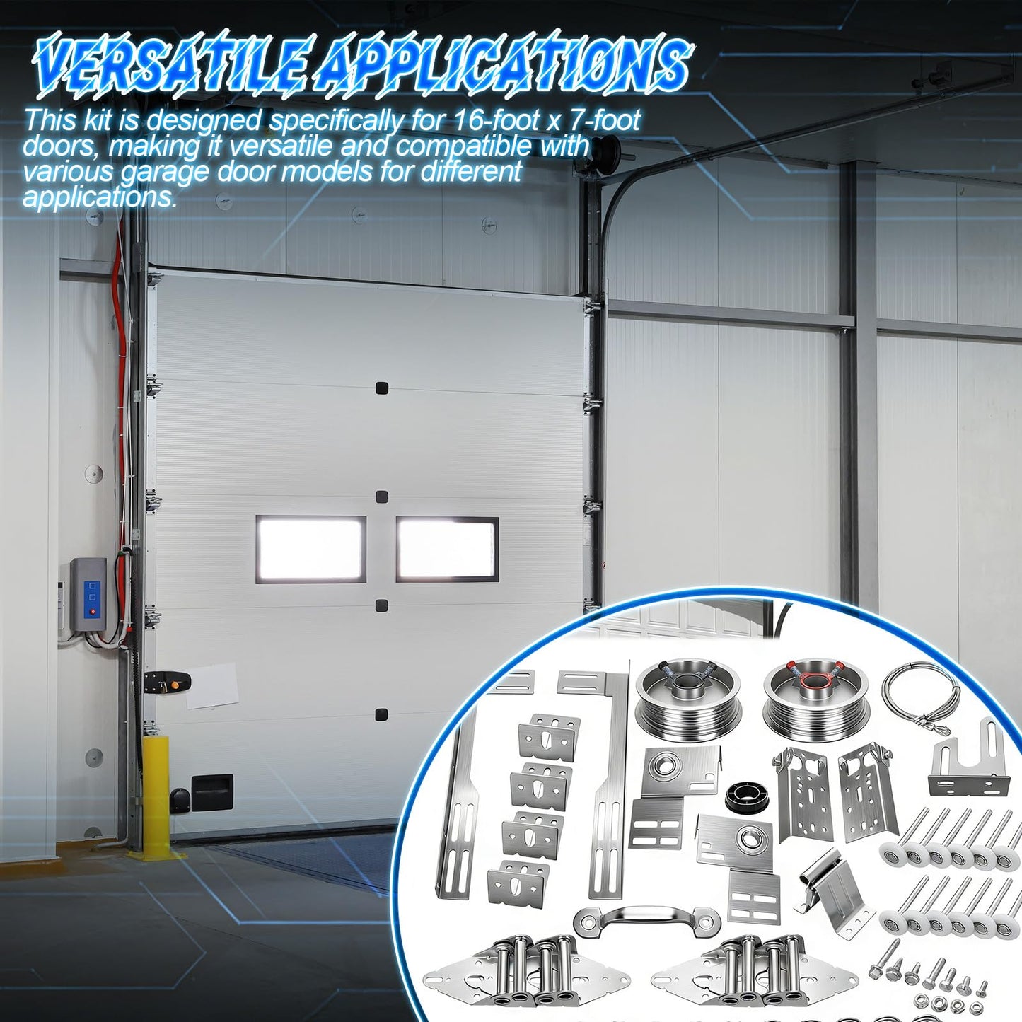 MorningRo Garage Door Parts Installation Bundle Kit for 16' by 7' Overhead Doors, Fix Replace Garage Hardware Repair Replacement Set with Brackets Drums Cables Hinges Rollers Screws Bearings & Bolts