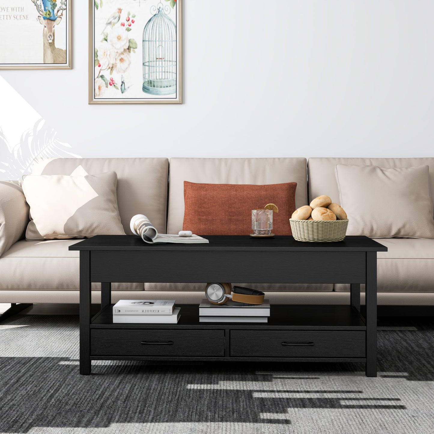 Panana Coffee Table, Lift Top Coffee Table with Hidden Compartment, 2 Drawers and 1 Open Shelf, Retro Central Wooden Table Lift Tabletop for Living Room (Black)