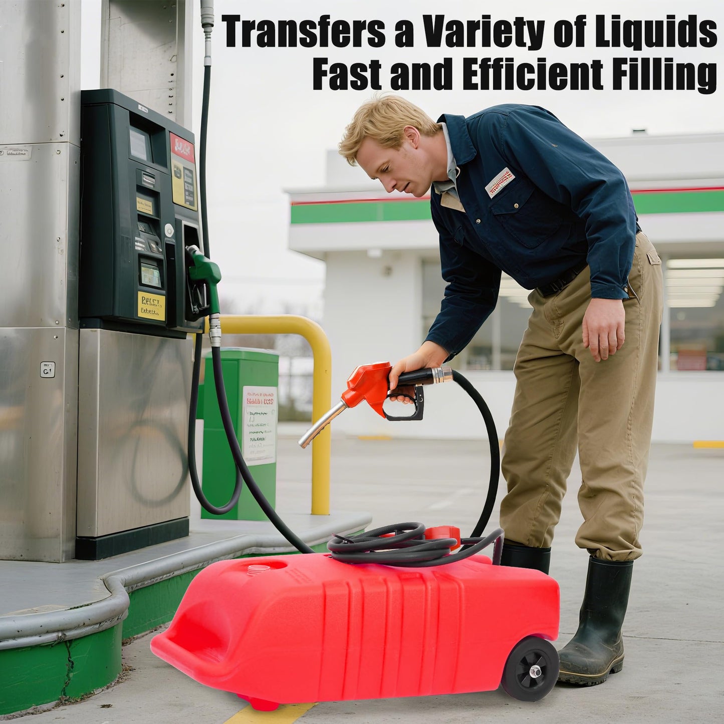 14 Gallon Portable Fuel Caddy with Wheels, Gasoline & Diesel Storage Tank, Heavy-Duty Fuel Transfer Tank with 10FT Rubber Hose, Manual Siphon Pump, Dual Shut-Off Valves, Gas Can for Cars, ATV, Boat, Lawn Equipment