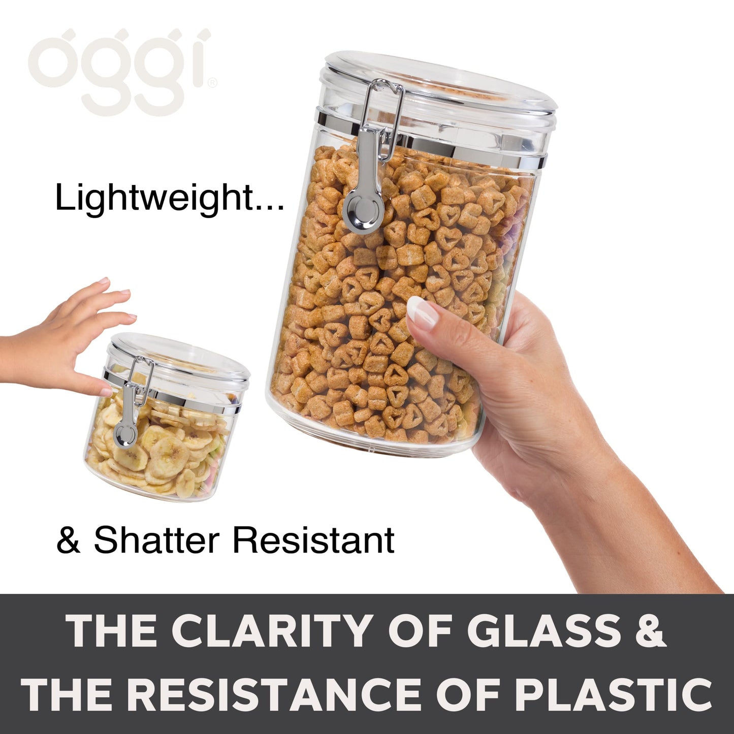 Oggi Clear Canister with Clamp Lid, 38 oz - Large Airtight Food Storage Container, for Kitchen & Pantry Storage of Bulk, Dry Foods Including Pasta, Flour, Sugar, Coffee, Rice, Tea, Spices & Herbs