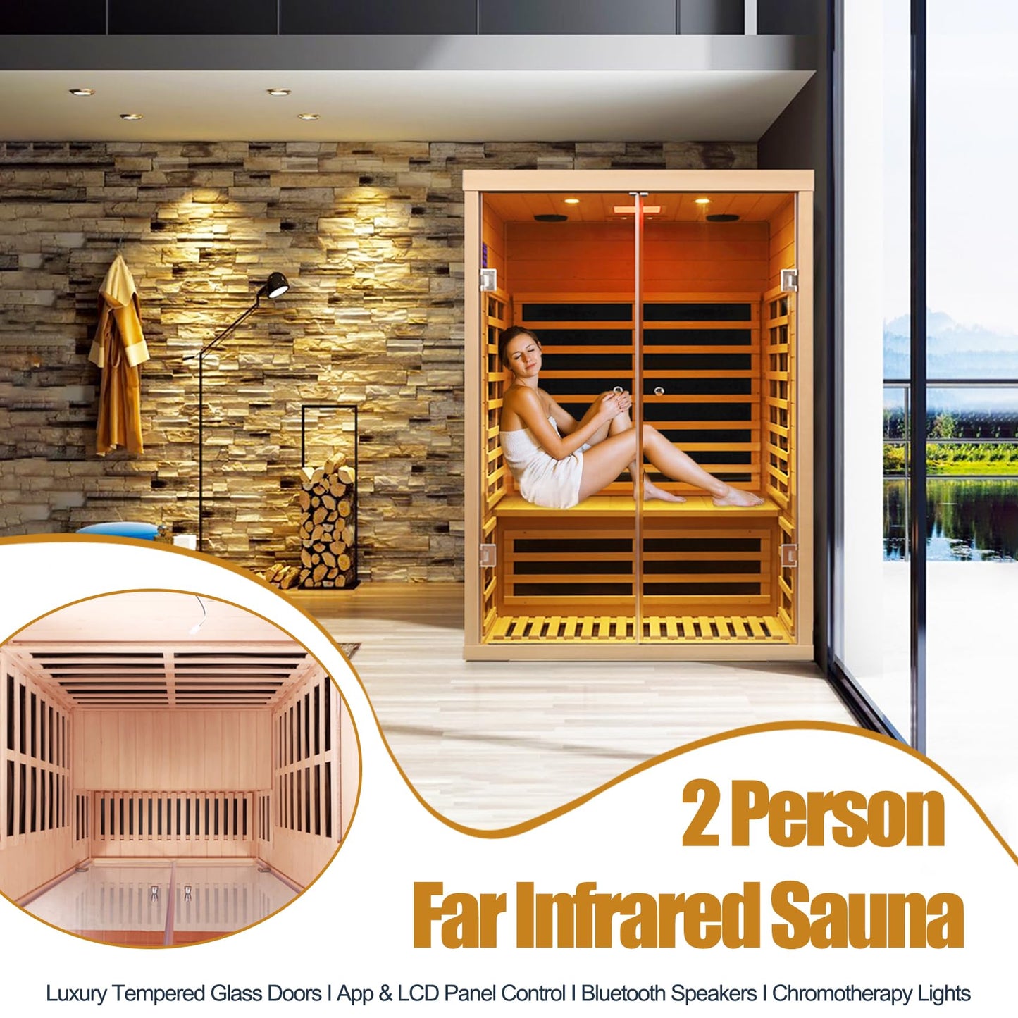 SALUSHEAT 2 Person Infrared Sauna, Low EMF Far Infrared Sauna Hemlock Wooden Sauna for Home, 1780W Indoor Sauna with App & LCD Panel Control, Tempered Glass Doors