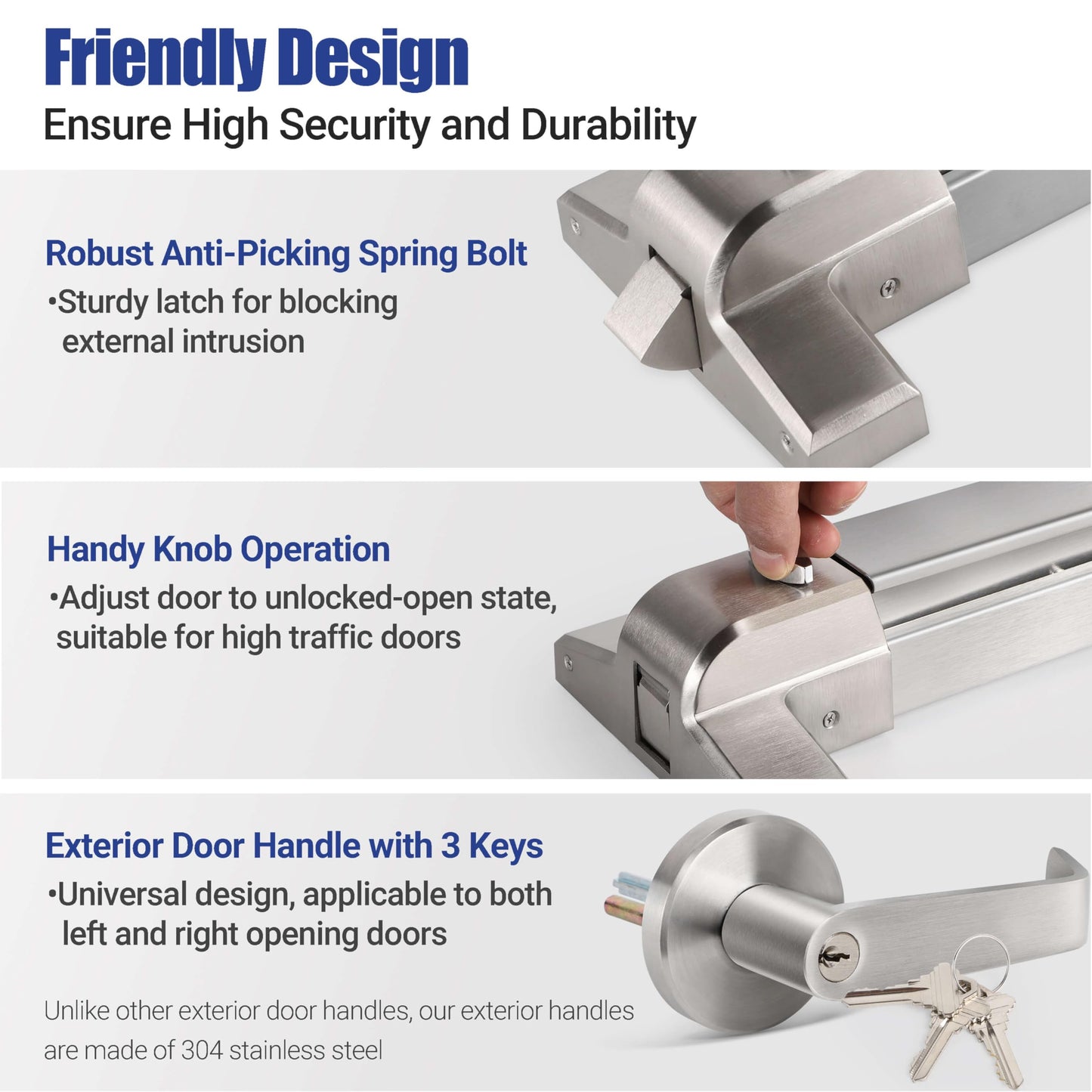 31" Commercial Push Bar Panic Exit Device (304 Stainless Steel) - Panic Bars for Exit Doors with Exterior Lever - Emergency Exit Panic Door Hardware for 31"-47" Wooden/Metal Doors
