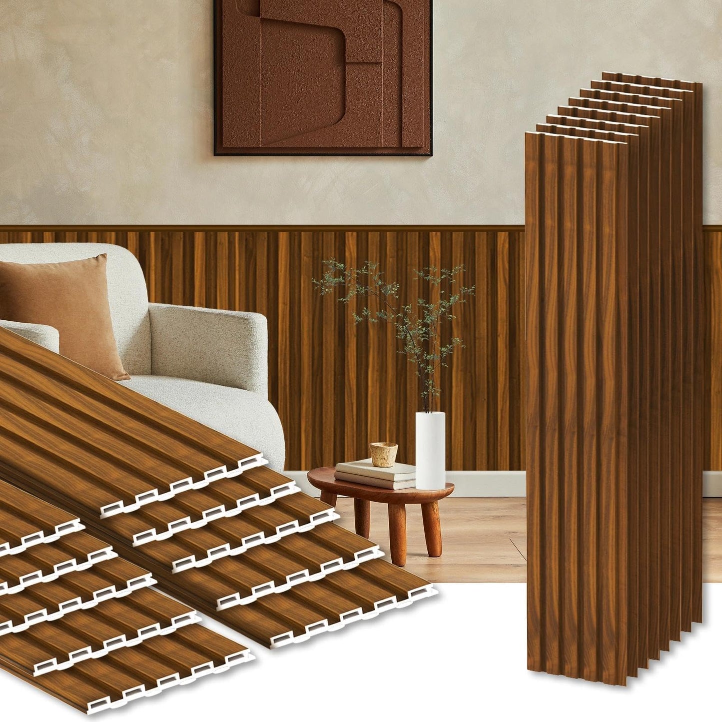 RITOLLO 18Pack WPC Wainscoting Panels, 48.2 x 6.2 Inches 3D Accent Slat Wall Panels for Interior Wall Decor, Fluted Wood Paneling for Living Room, TV Background, Office, Bedroom (Teak)