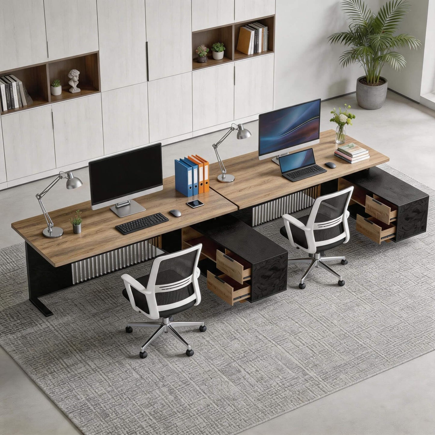 78.7 Inch Large Executive Desk with Drawers Cabinet, L Shaped Office Desk, Computer Desk with Universal Charging Ports and Cable Management for Business Furniture Set Workstation for Home Office