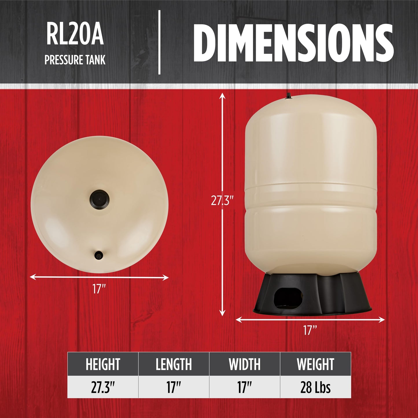 Red Lion RL20A - 20-Gallon Vertical Pre-Charged Pressure Tank with Thermoplastic Base for Well Pumps, 1-Inch FNPT Elbow System Connection, Almond, 604682