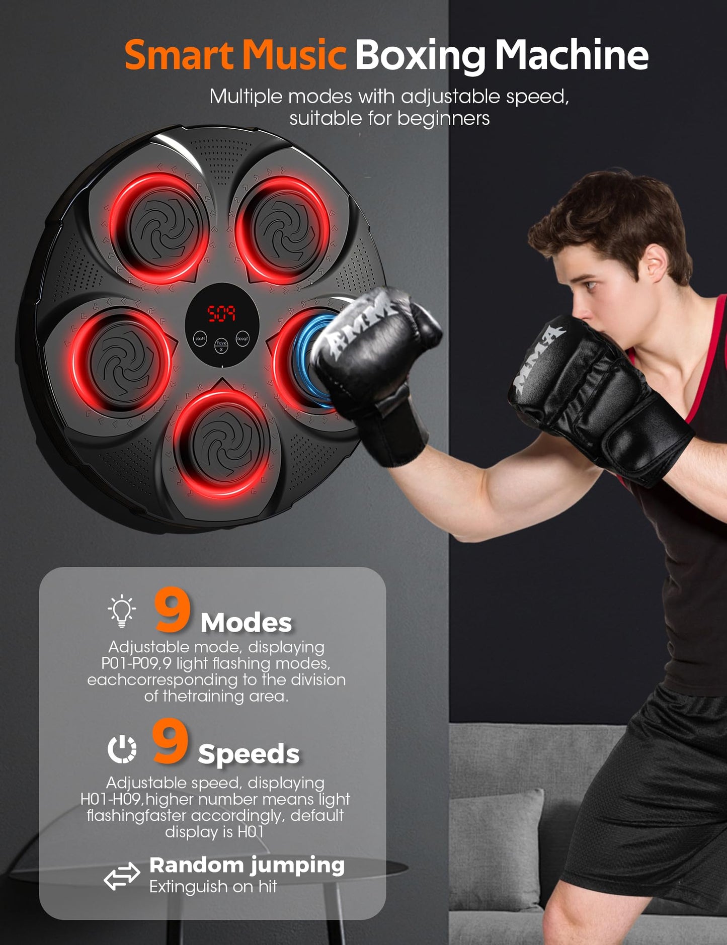 Olook Music Boxing Machine for Adults Kids, Bluetooth Music Punching Machine with Gloves, Wall Mounted Boxing Trainer, 9 Modes & 9 Speed Boxing Equipment for Gym Home, Office