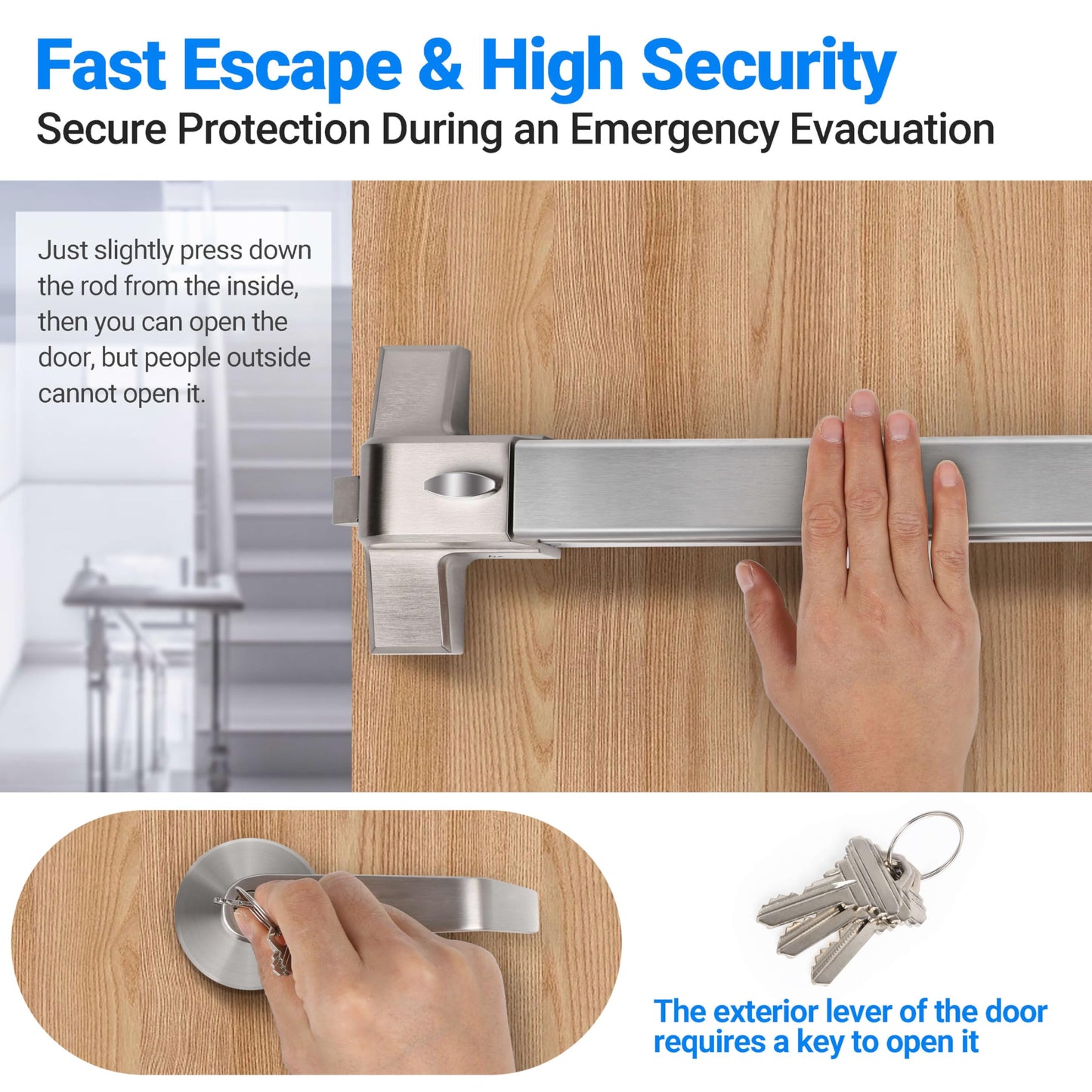 Polar Tangro Commercial Door Push Panic Bar, SS304 Panic Bars with Exterior Lever Handle, 38’’ Exit Device with 3 Keys for Emergency Exit, Suitable for Metal, Wood, and Left/Right Handed Doors