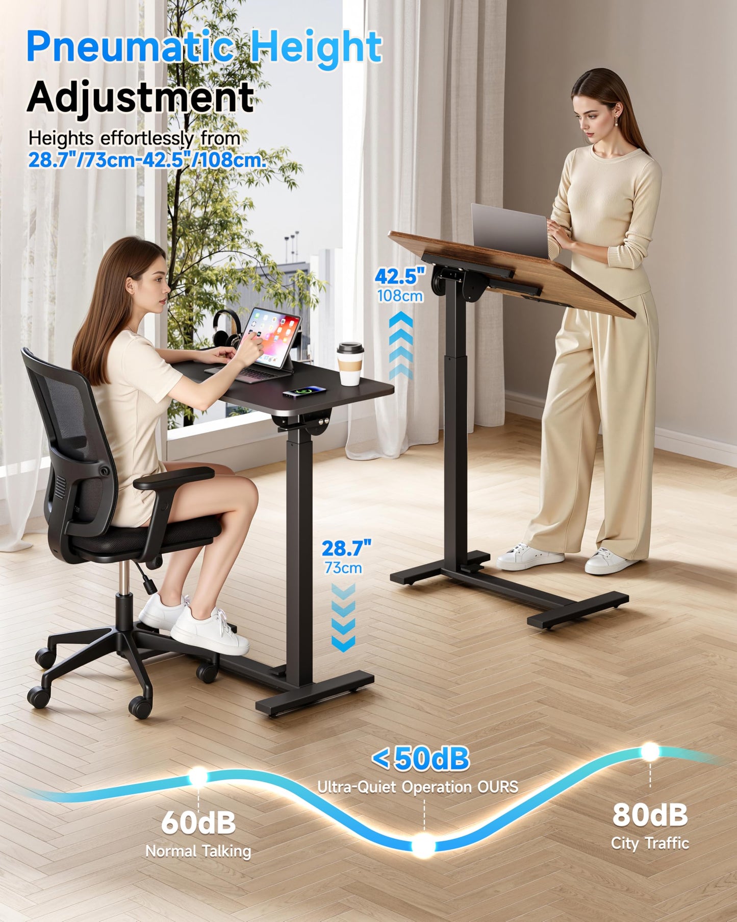 BIZUM Mobile Standing Desk Laptop Desk Pneumatic with Wheels 180° Tilt Top Hospital Bed Table Portable Rolling Cart Foldable Bedside Table for Hospital&Home Use, Walnut