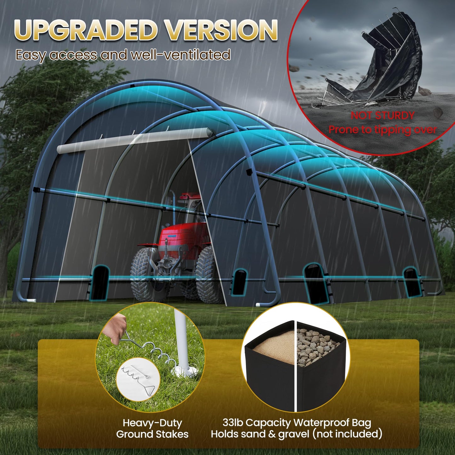 Wisteria Lane Heavy Duty Carport with 4 Cloth Bags, All-Weather Car Canopy with 2 Roll-up Doors, Portable Garage Storage Shelter Shed for Boat, Truck, or Garden Tools, 12' x 25'