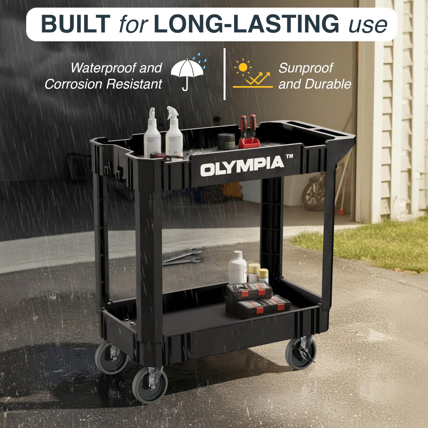 Olympia Tools 2 Tier Rolling Carts with Wheels – 500lbs Heavy Duty Utility Cart, Locking Swivel Wheels – Work Cart for Garage, Service & Industrial Use, Built-in Ruler