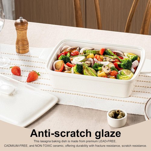 DAFUCERAMIC Casserole Dish - 3.5 Quart Porcelain Baking Dish with Lid | Deep Rectangular Bakeware for Oven & Microwave