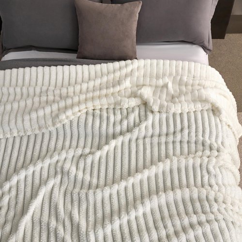 KORBLISS Super Soft Queen Blanket for Bed, Premium Silky Flannel Fleece with 3D Jacquard Wheat Decorative, Lightweight and Cozy for Living Room, and All-Season Use, 90x90 Inches.Ivory