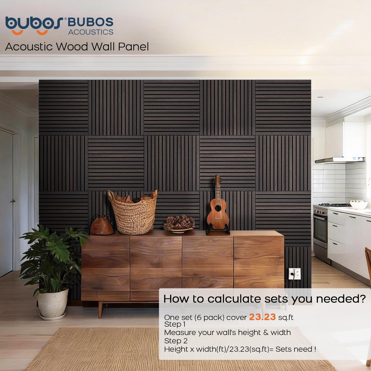 BUBOS Large Acoustic Wall Panels, 6-Pack 24" x 24" x 0.7" Faux Wood Slat Sound Absorbing Panels, High-Density Soundproof Wall Decor for Recording Studio, Home Theater & Gaming Room，Slat Flow Black Oak