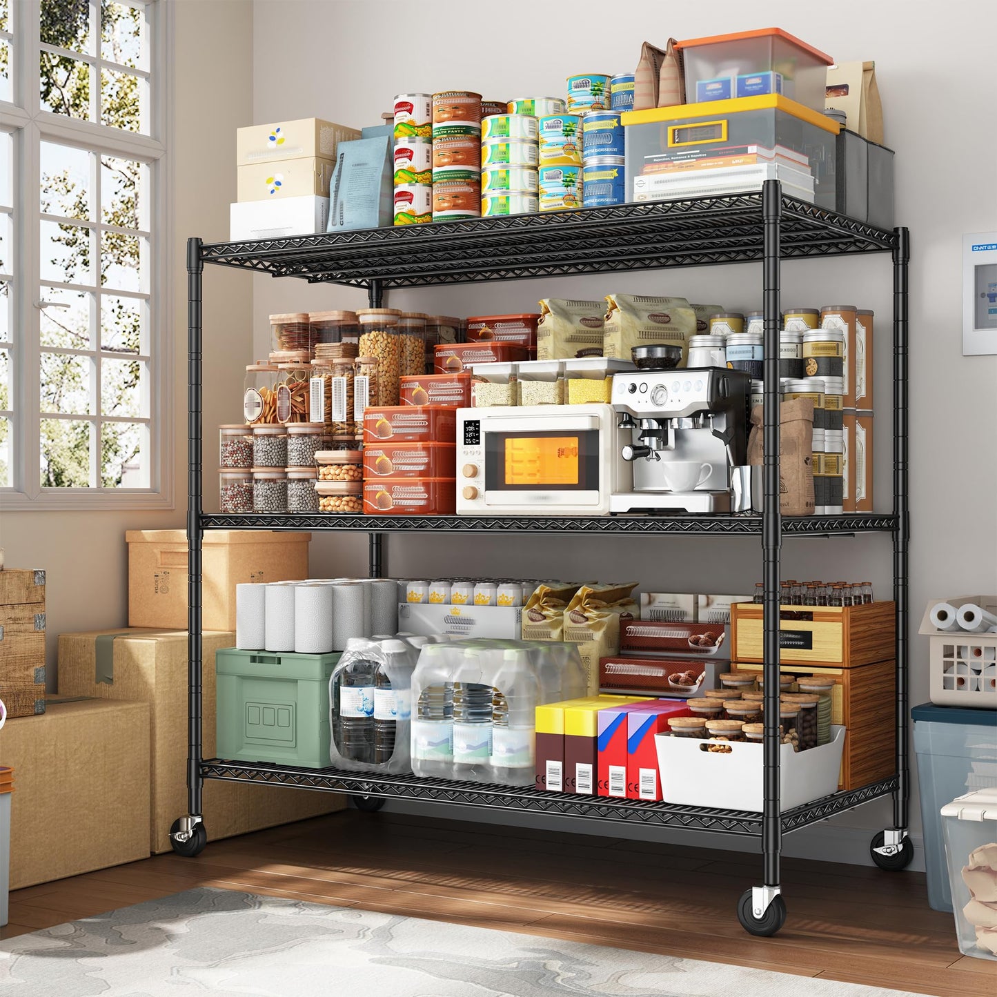 DurayLoly 1500LBS Heavy Duty Wire Shelving Unit, 3-Tier Adjustable Metal Storage Shelves with Lockable Wheels, 59.06"W x 23.62"D x 59.65"H, Garage Shelving Rack for Kitchen, Pantry, Warehouse, Black