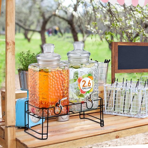 Honeydak 2.6 Gallon Glass Beverage Dispenser with Stand Stainless Steel Spigot Glass Lid Clear Iced Juice Container Leakproof Drink Dispenser Countertop Lemonade Water Jar for Wedding Party (2 Pack)
