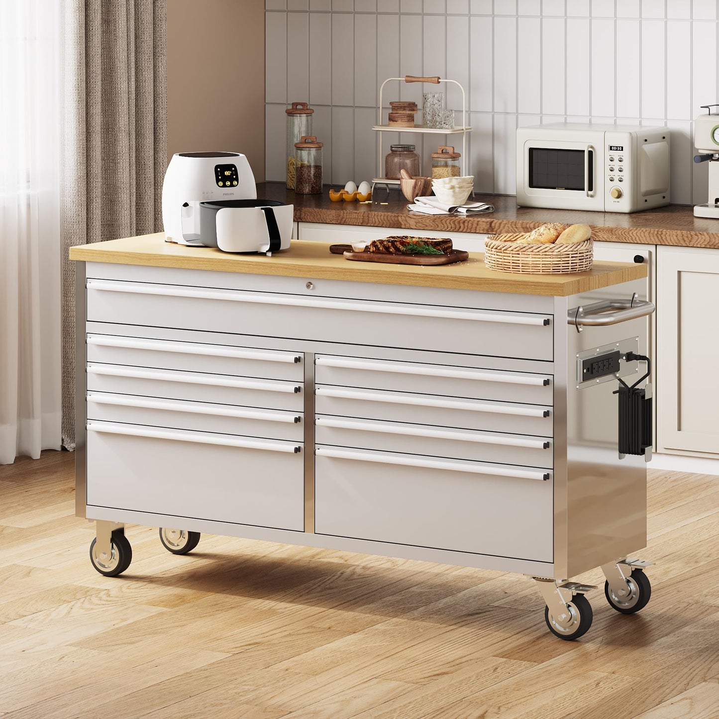 PeakPursuit 61" Rolling Tool Chest with 9 Drawers, Solid Rubber Wood Workbench Top, Locking Wheels & Key Lock, Mobile Garage Tool Cabinet for Workshop Storage & Organization, Silver